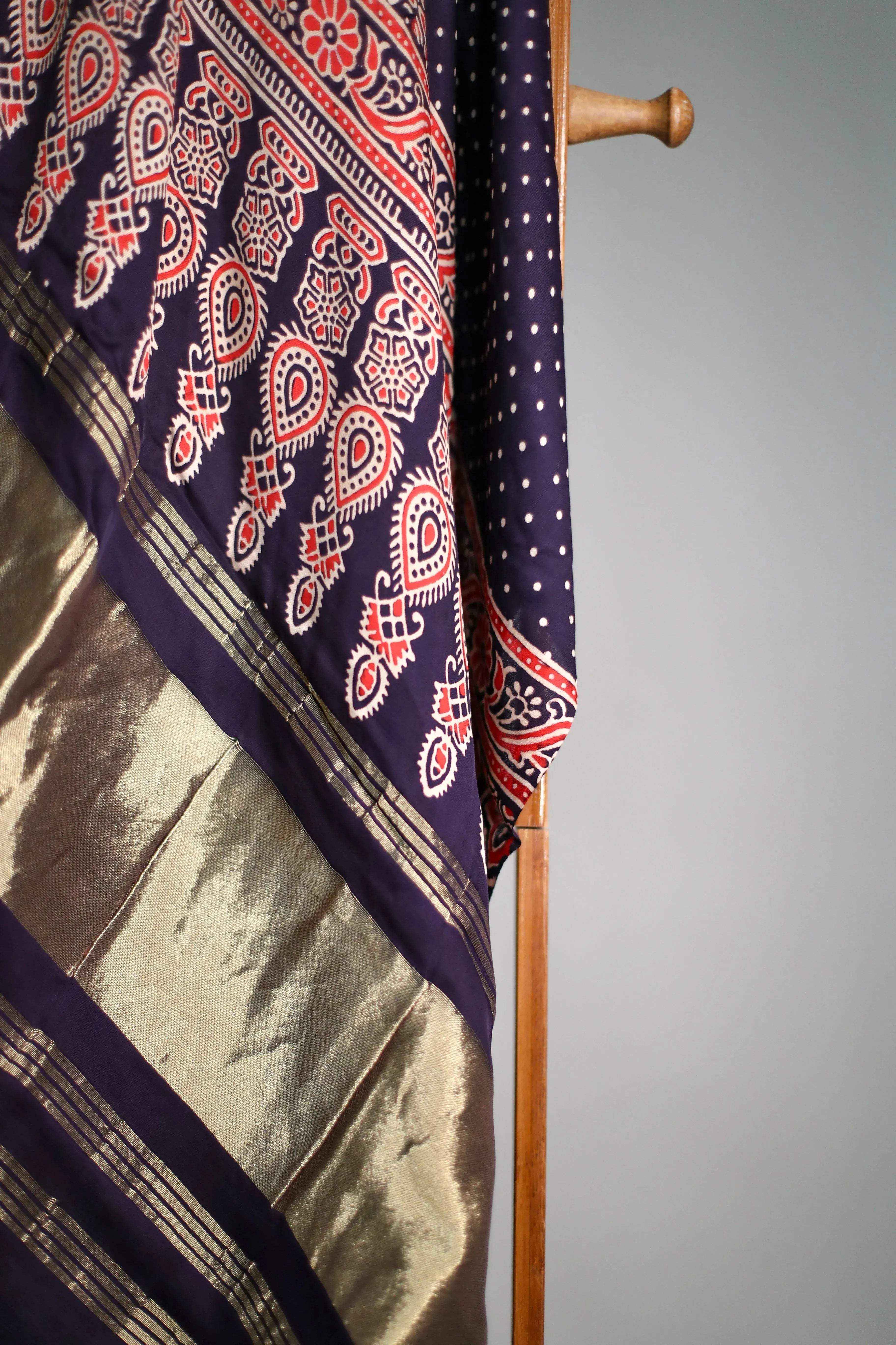 Pure Modal Silk Ajrakh Print Dupatta/Stole - Pure Indigo