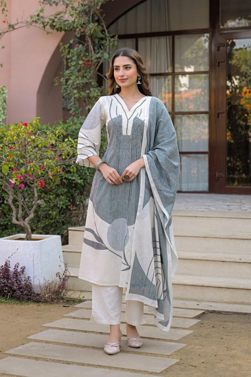 Grey Cream Linen Slub Cotton A-Line Suit Set | Colour Block | M'Foks