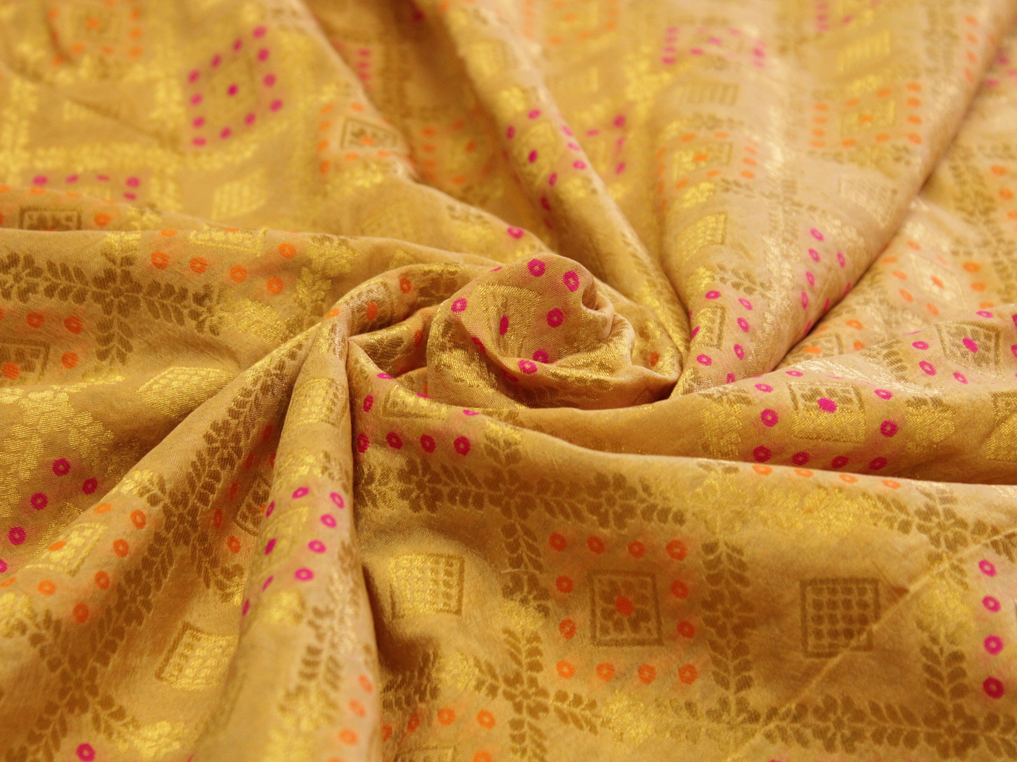 Banarasi Bandhini Brocade Fabric - Golden - M'Foks
