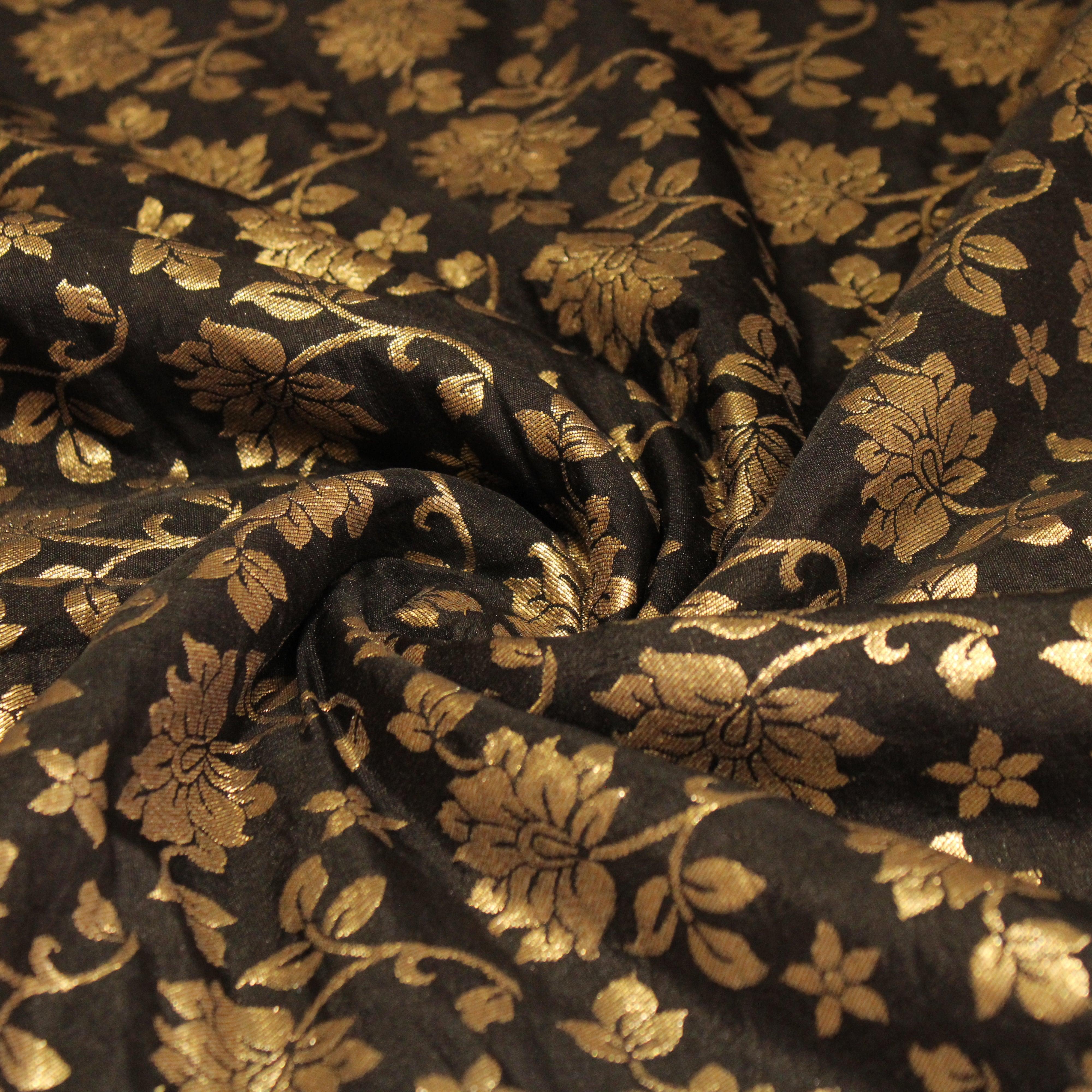 Banarasi Dola Silk Floral Brocade Fabric : Black - M'Foks