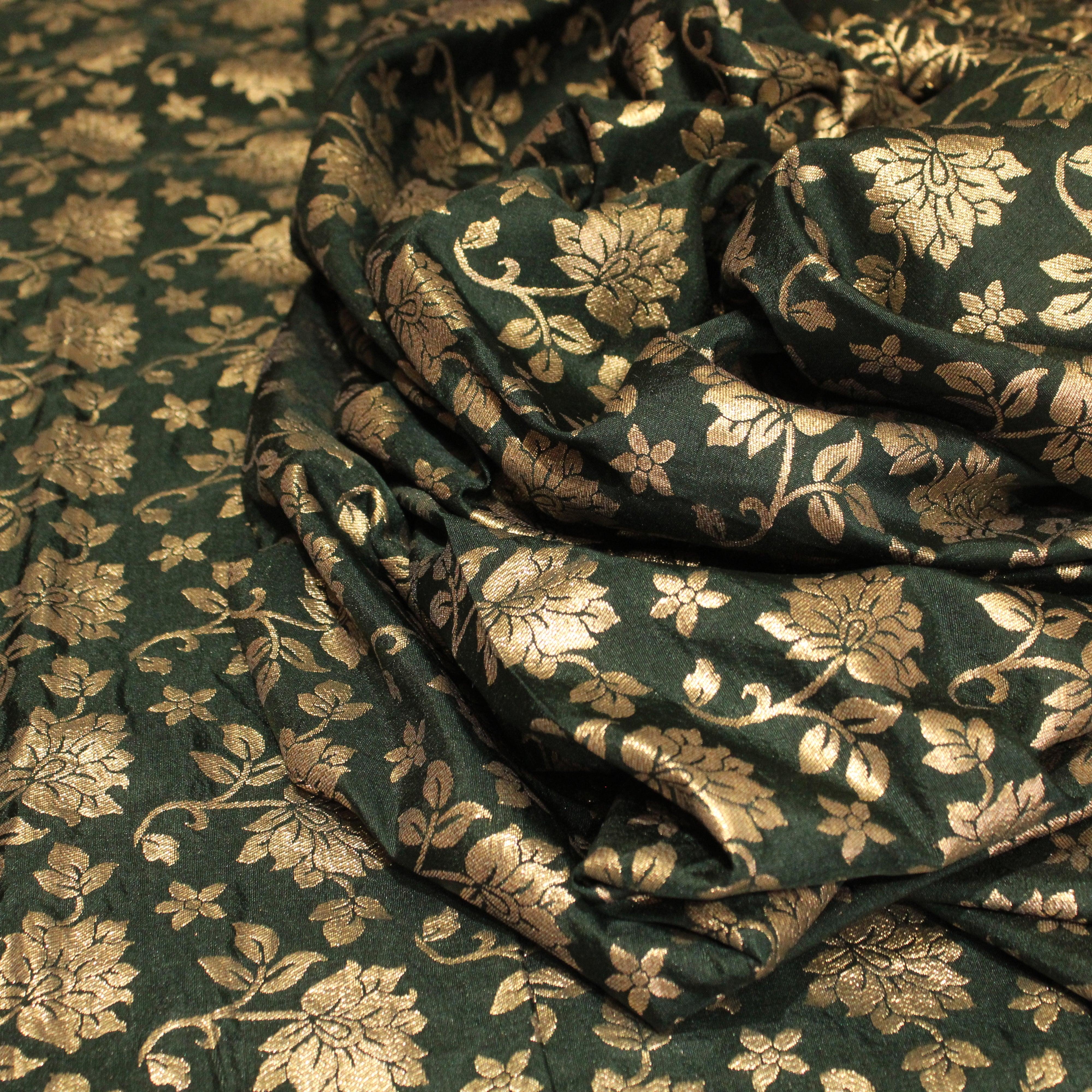 Banarasi Dola Silk Floral Brocade Fabric : Dark Green - M'Foks