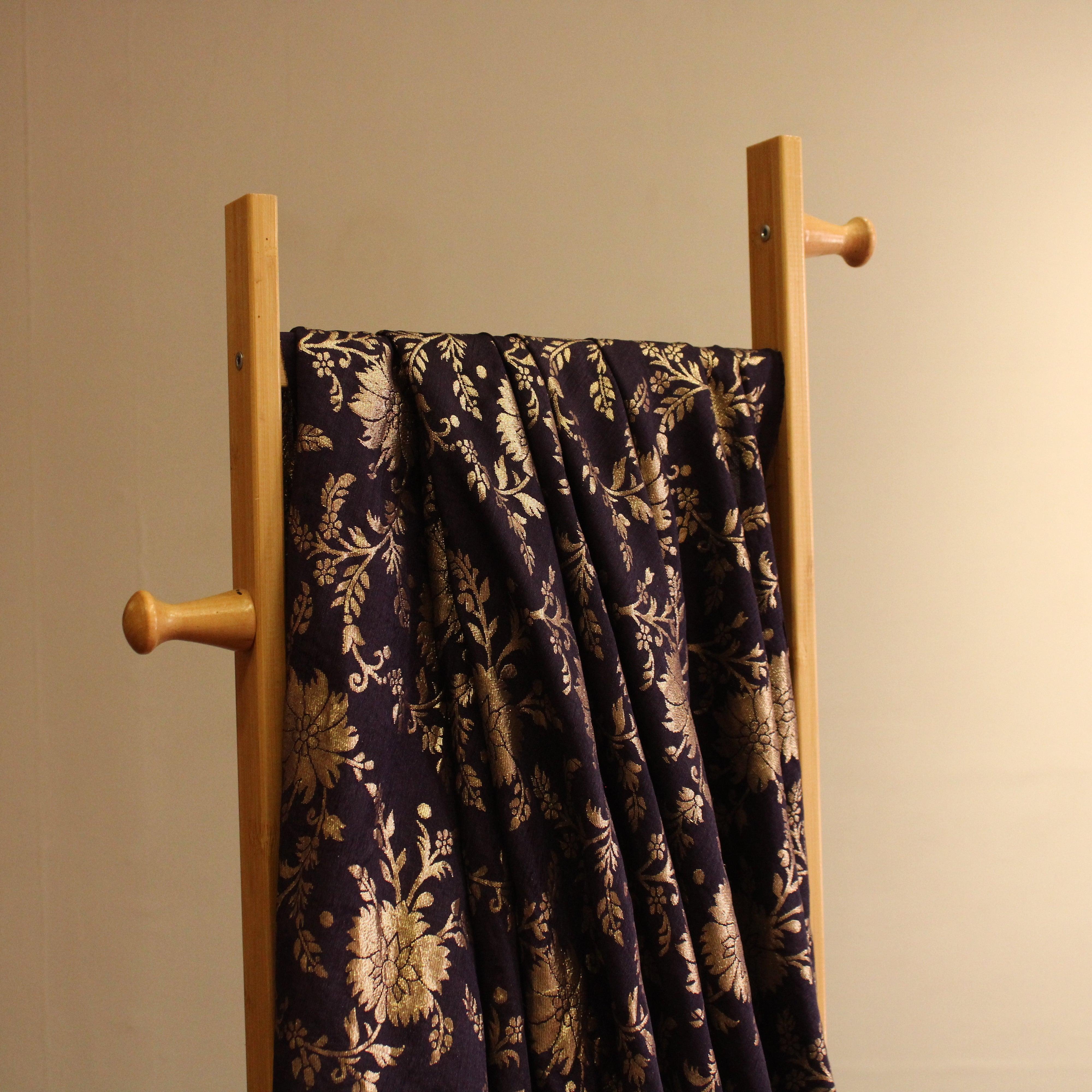 Banarasi Dola Silk Floral Brocade Fabric : Navy Blue - M'Foks