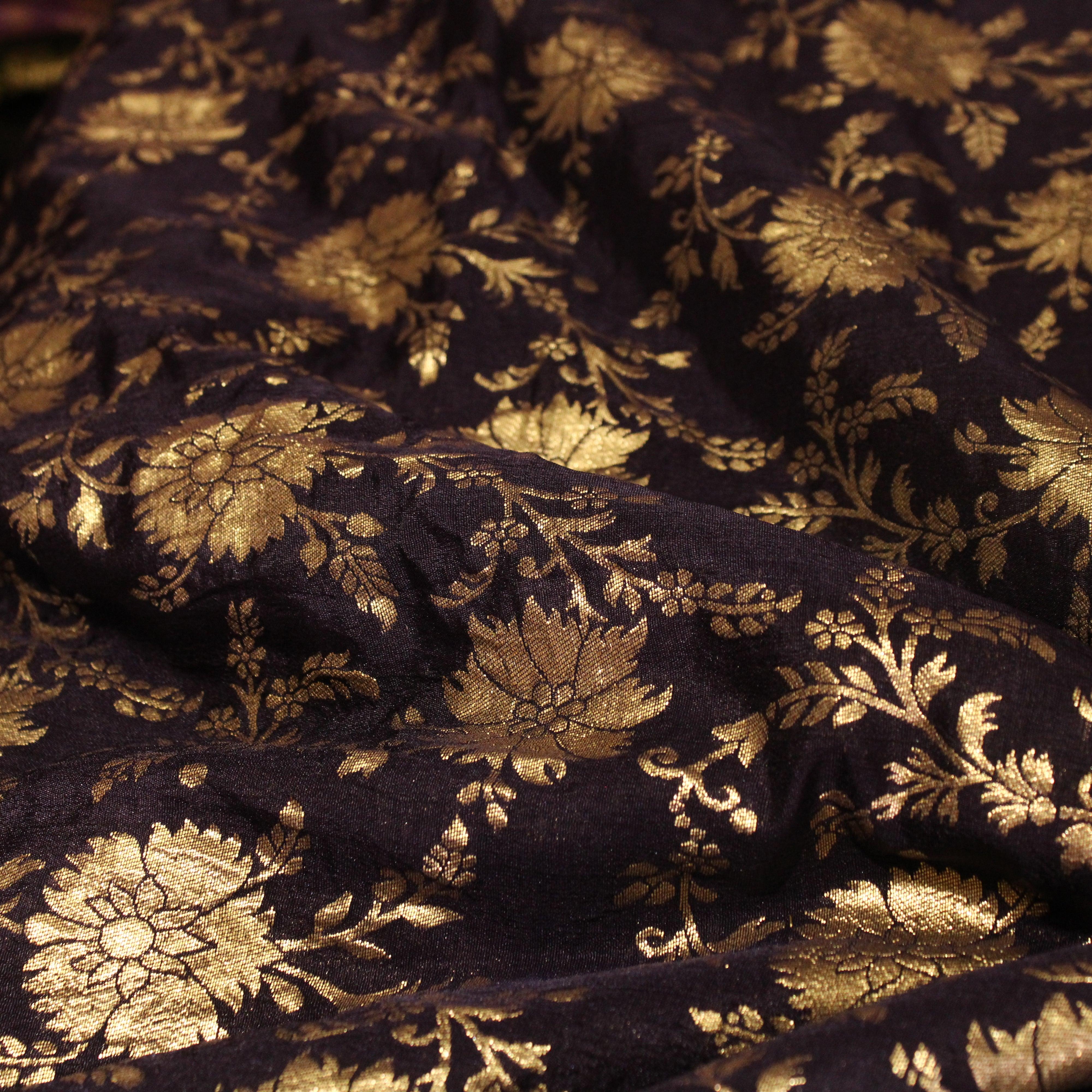 Banarasi Dola Silk Floral Brocade Fabric : Navy Blue - M'Foks