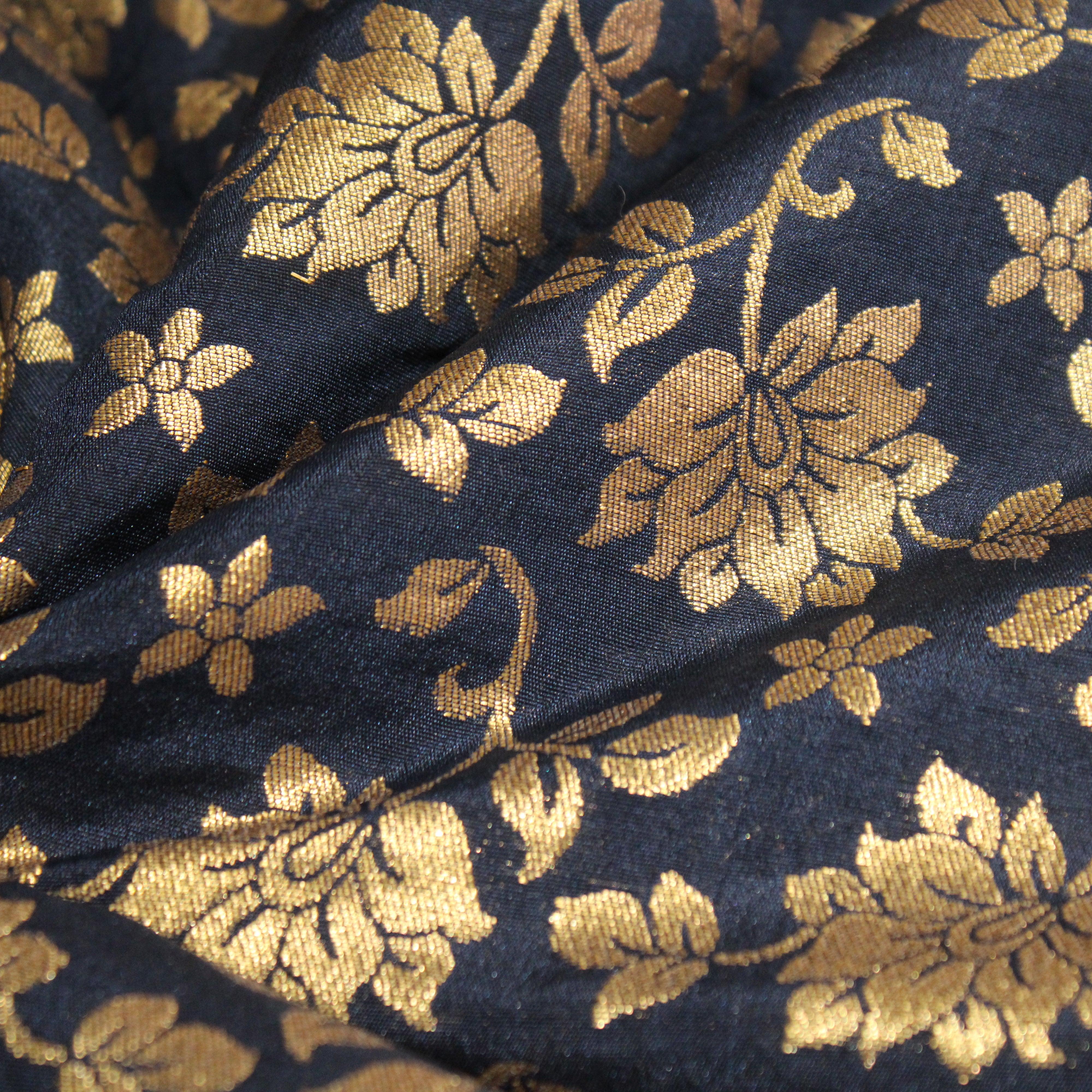 Banarasi Dola Silk Floral Brocade Fabric : Peacock Blue - M'Foks