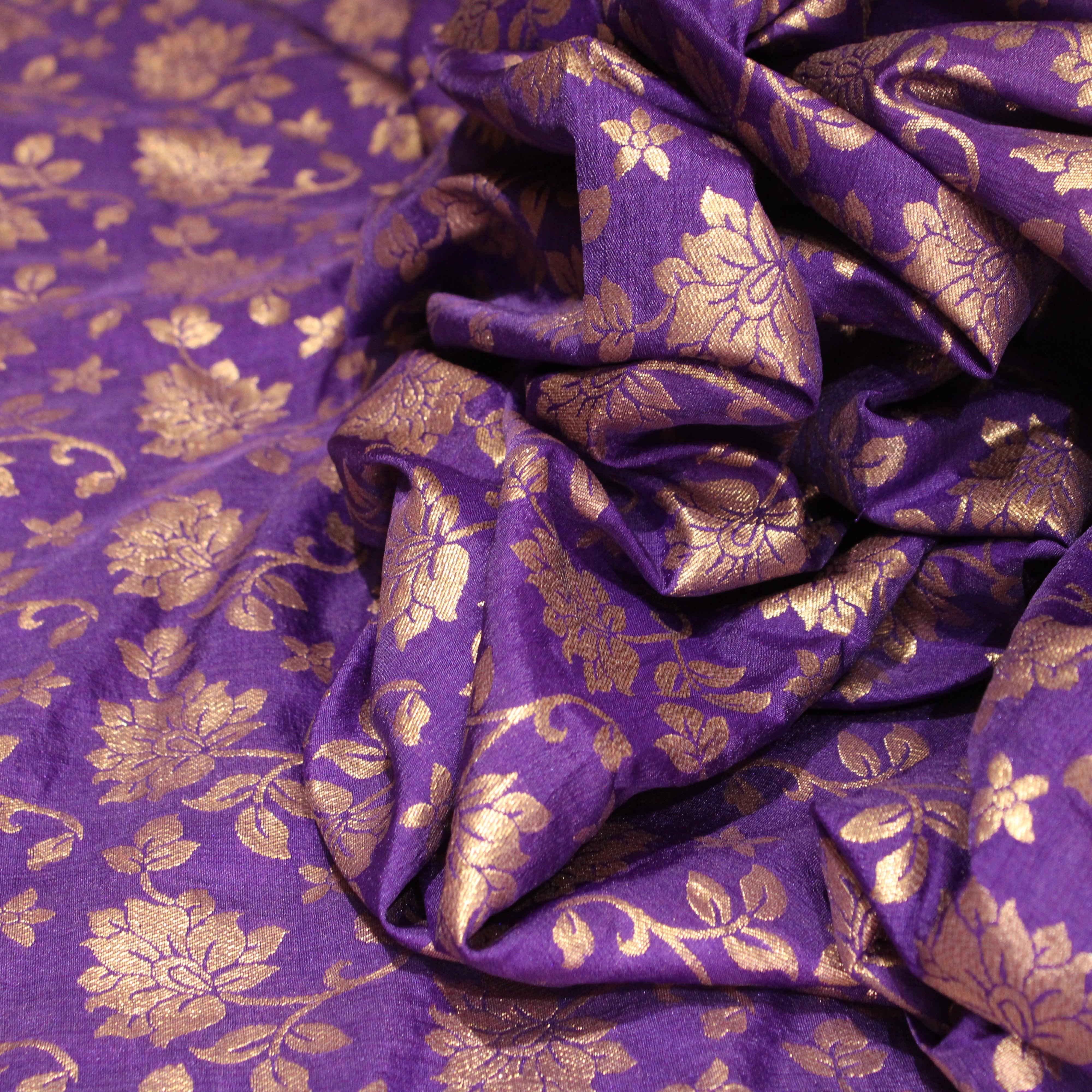 Banarasi Dola Silk Floral Brocade Fabric : Purple - M'Foks