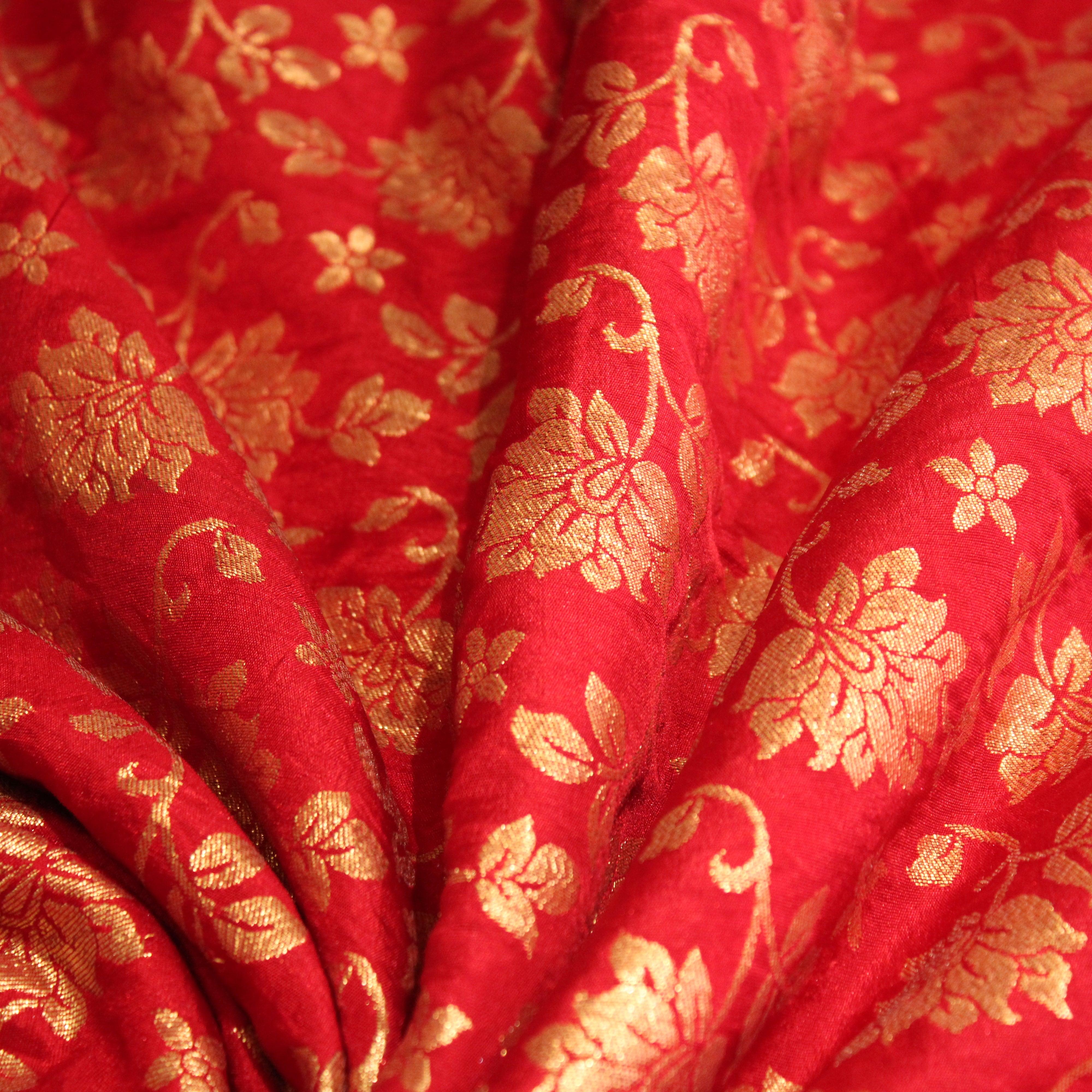 Banarasi Dola Silk Floral Brocade Fabric : Red - M'Foks