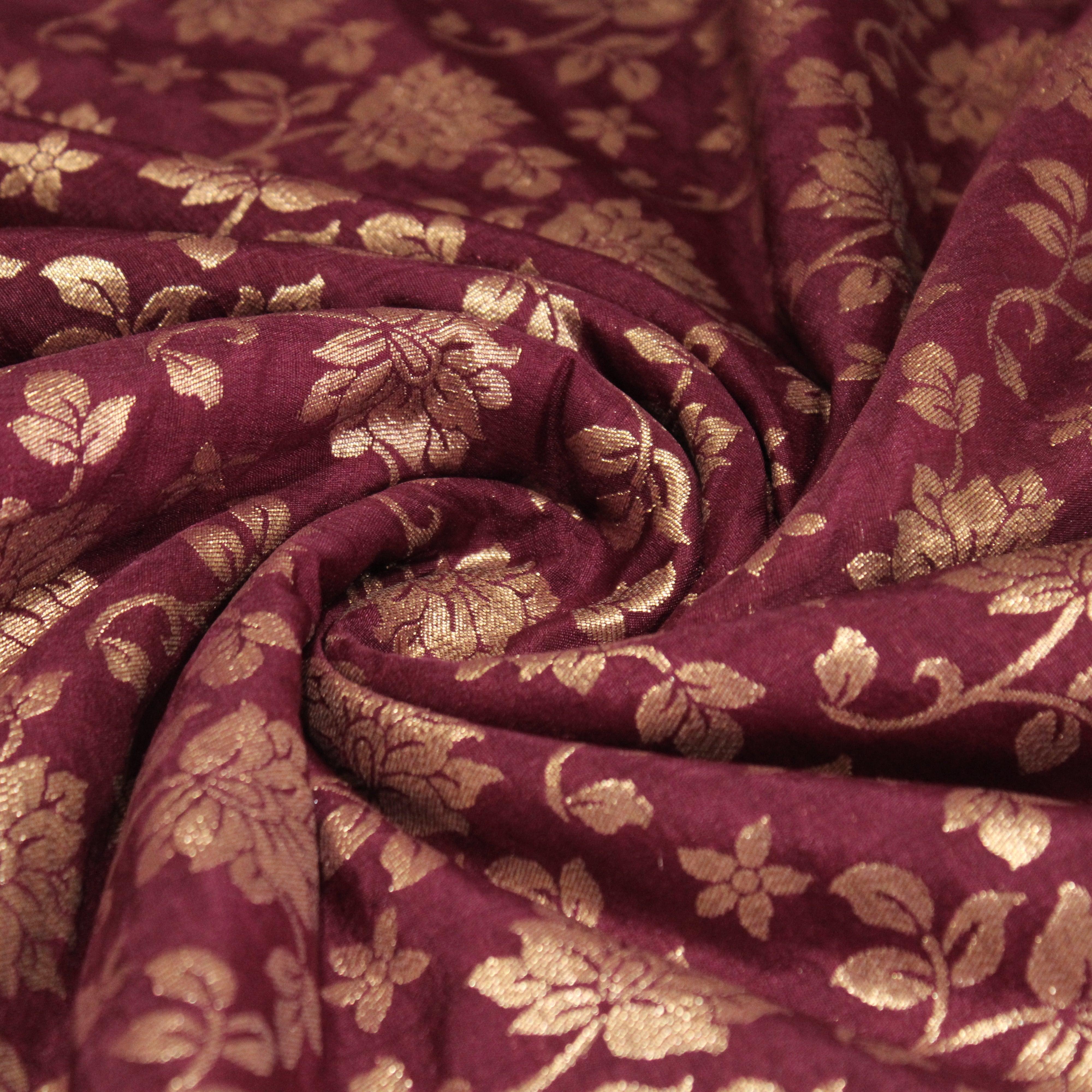 Banarasi Dola Silk Floral Brocade Fabric : Wine - M'Foks