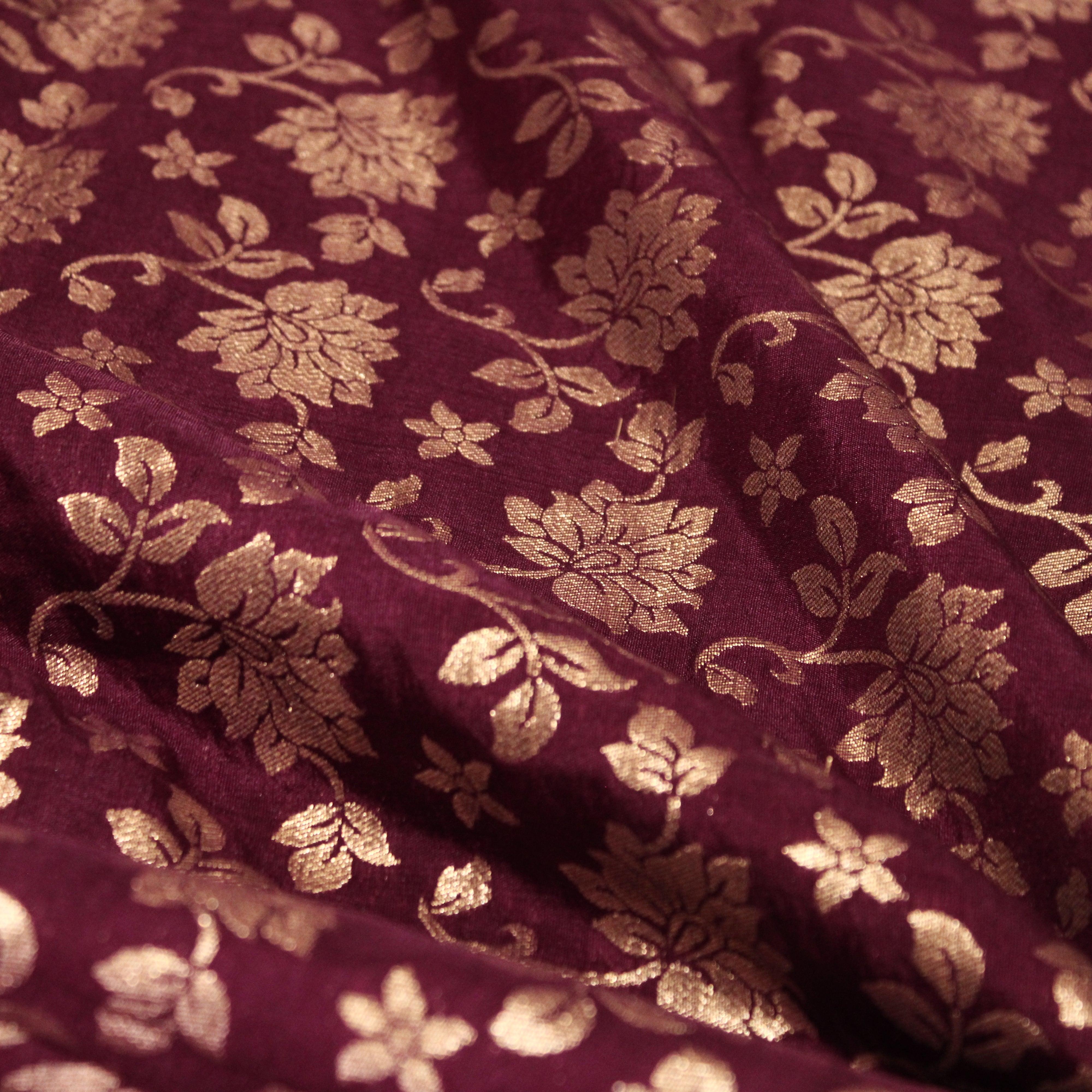 Banarasi Dola Silk Floral Brocade Fabric : Wine - M'Foks