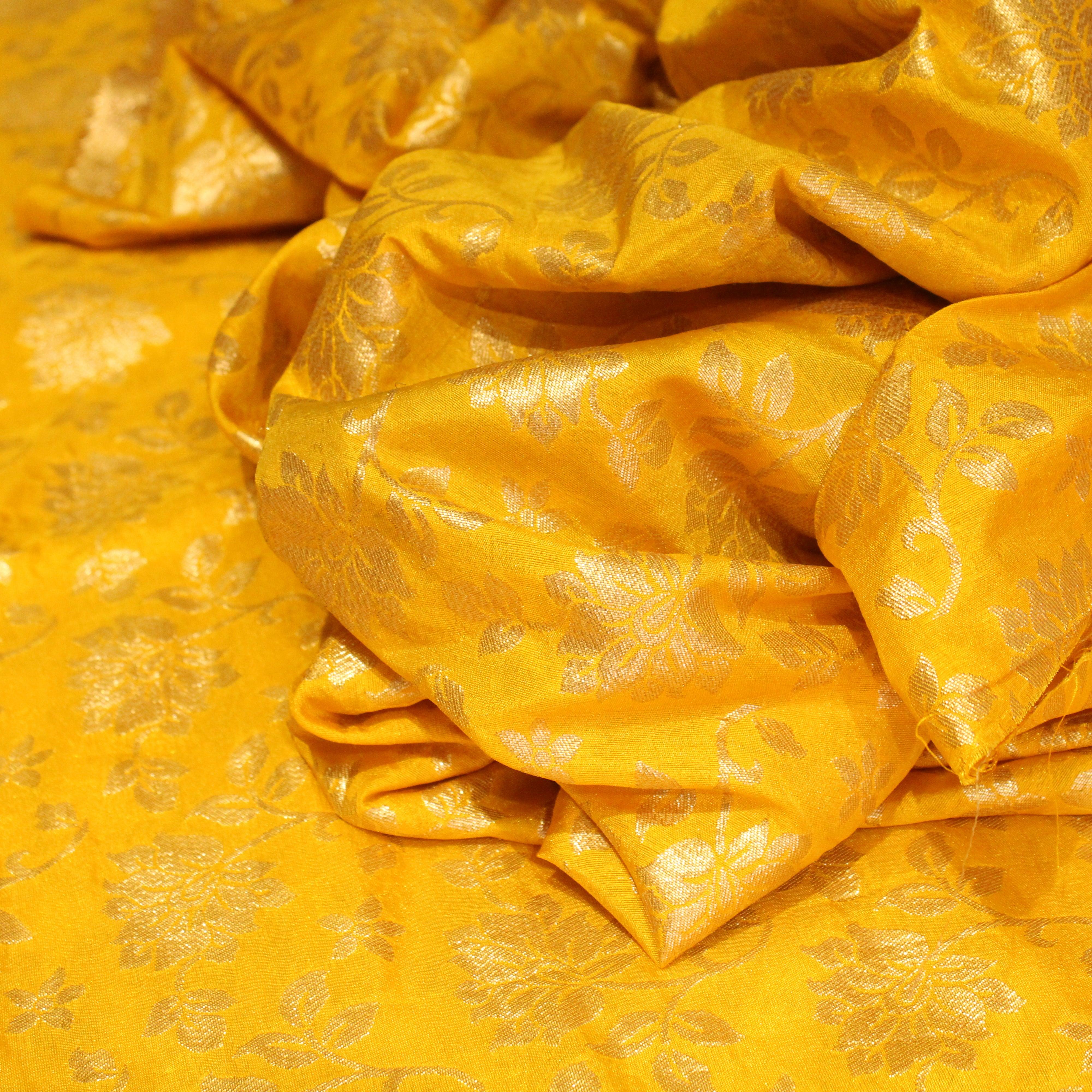Banarasi Dola Silk Floral Brocade Fabric : Yellow - M'Foks