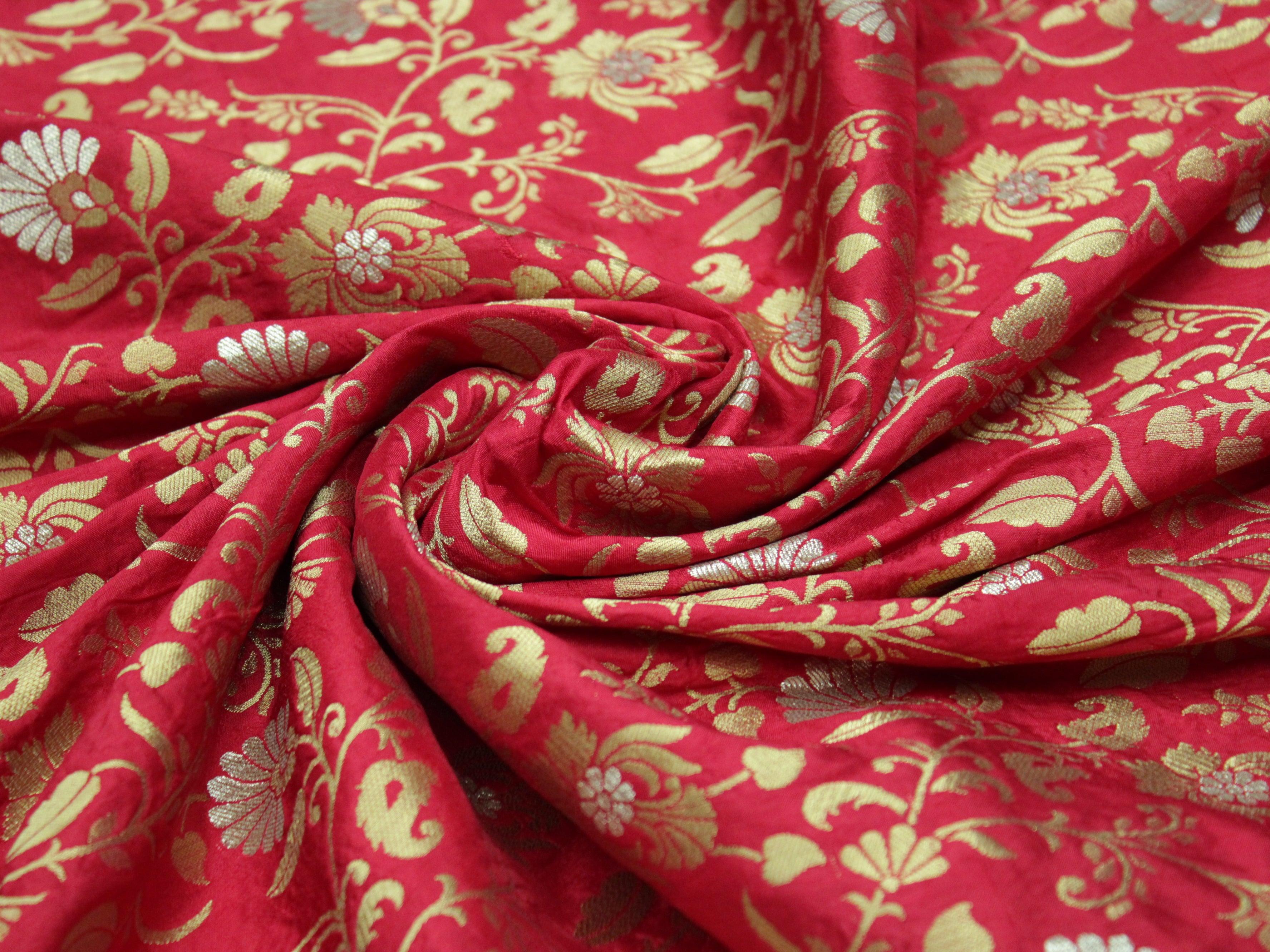 Banarsi Floral Brocade Fabric - Cherry Rani - M'Foks