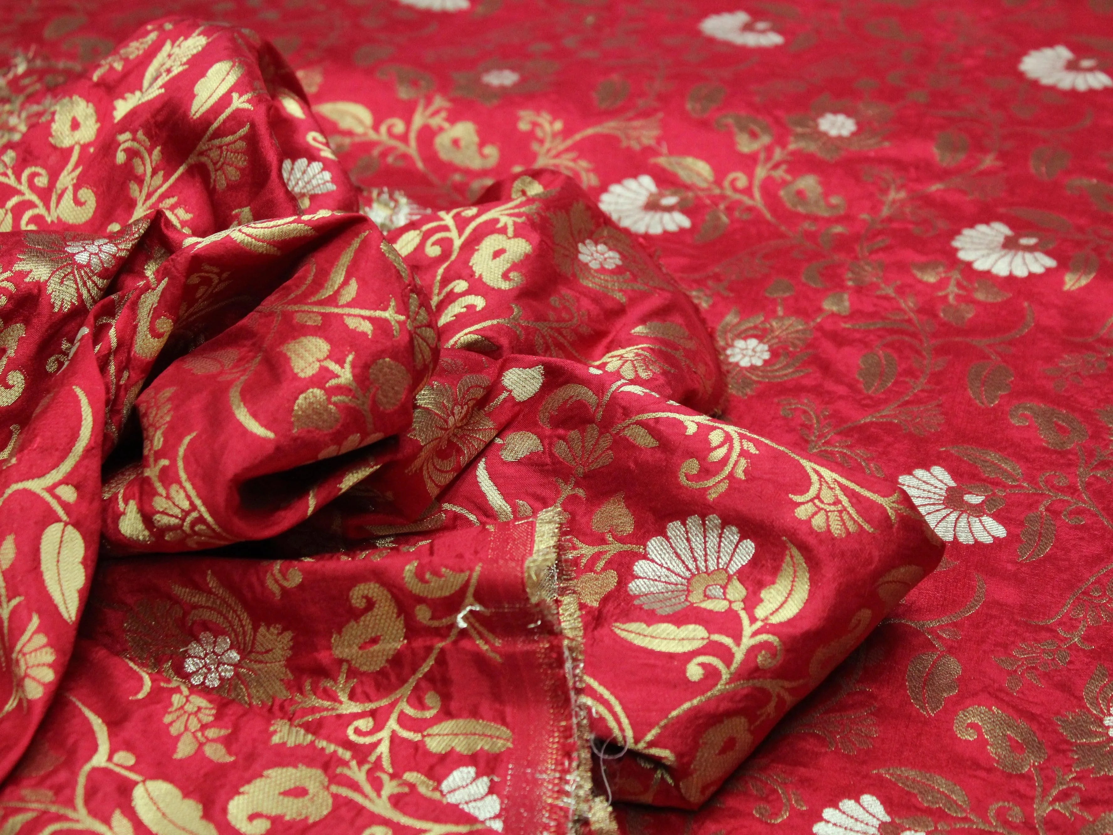 Banarsi Floral Brocade Fabric - Cherry Rani - M'Foks