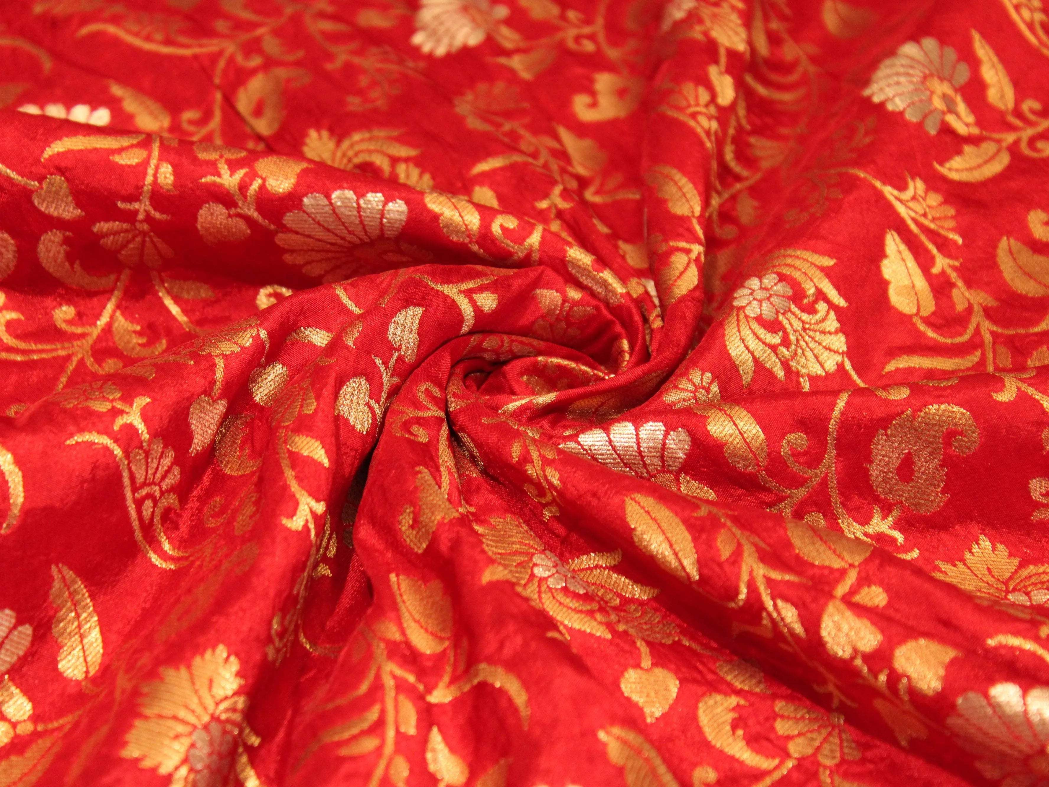 Banarsi Floral Brocade Fabric - Red - M'Foks