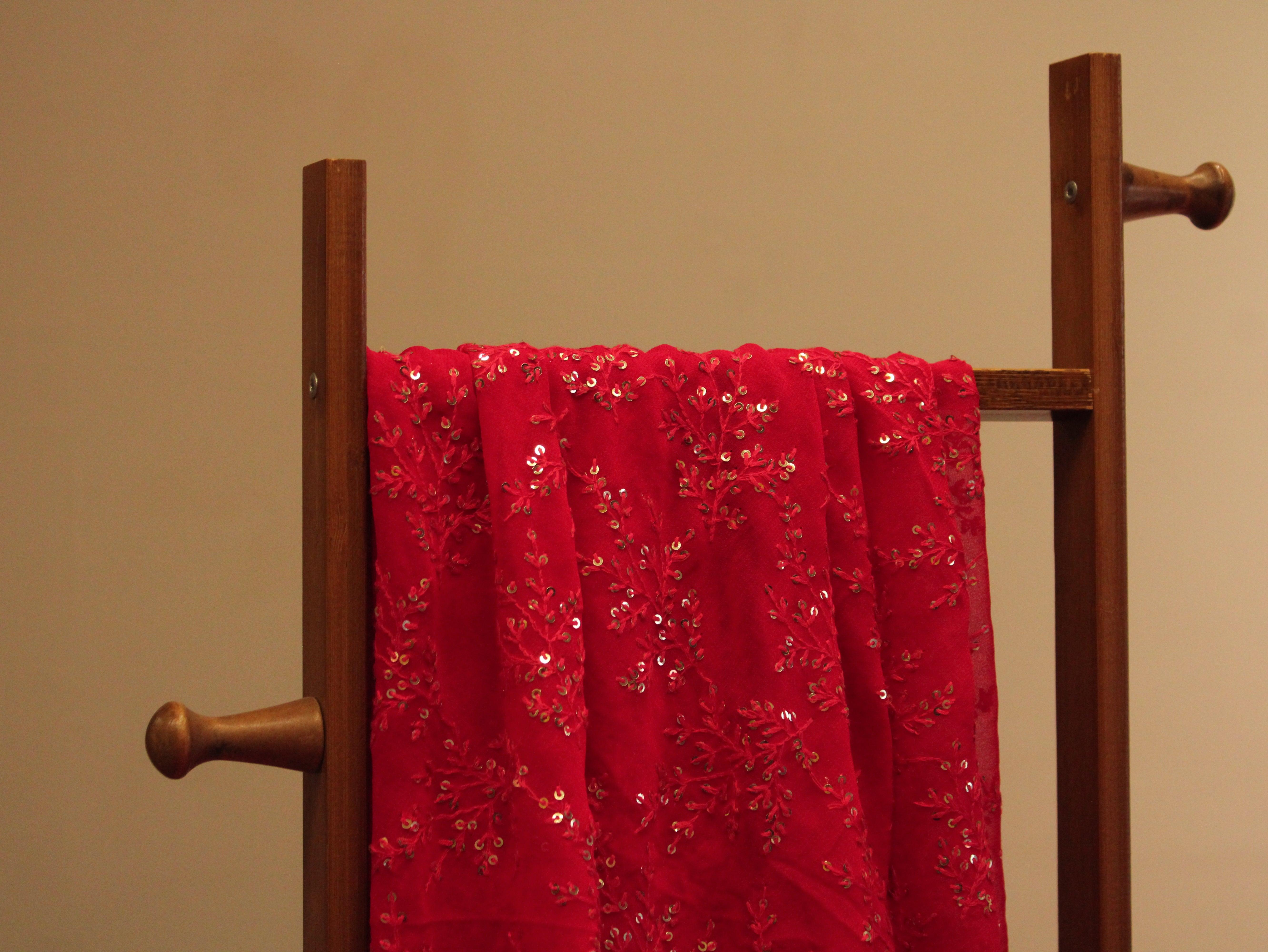 Bemberg Georgette Lucknawi Thread & Sequin Work Fabric - Red - M'Foks