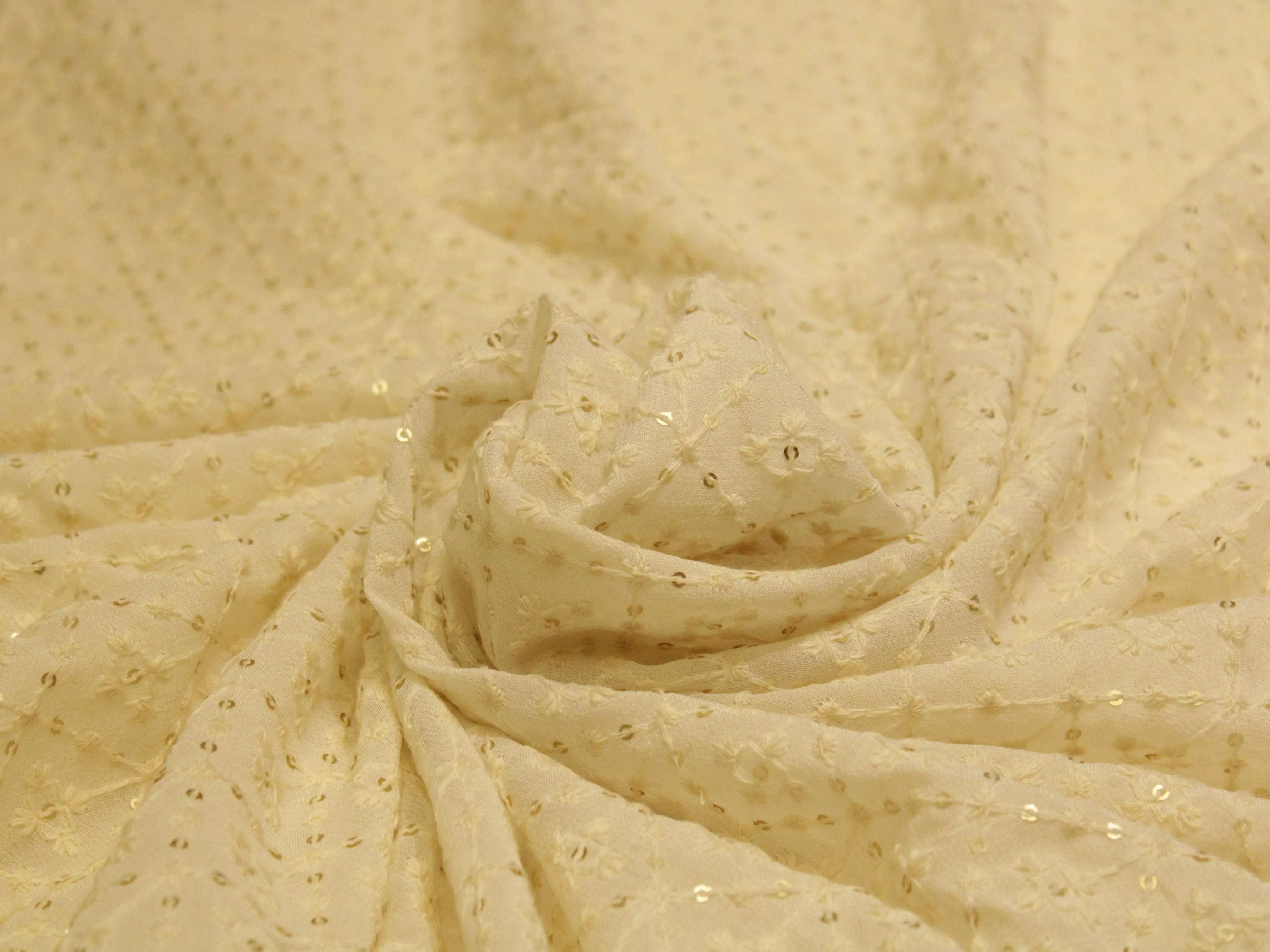 Bemberg Georgette Lucknawi Thread & Sequin Work Fabric - White Dyeable - M'Foks