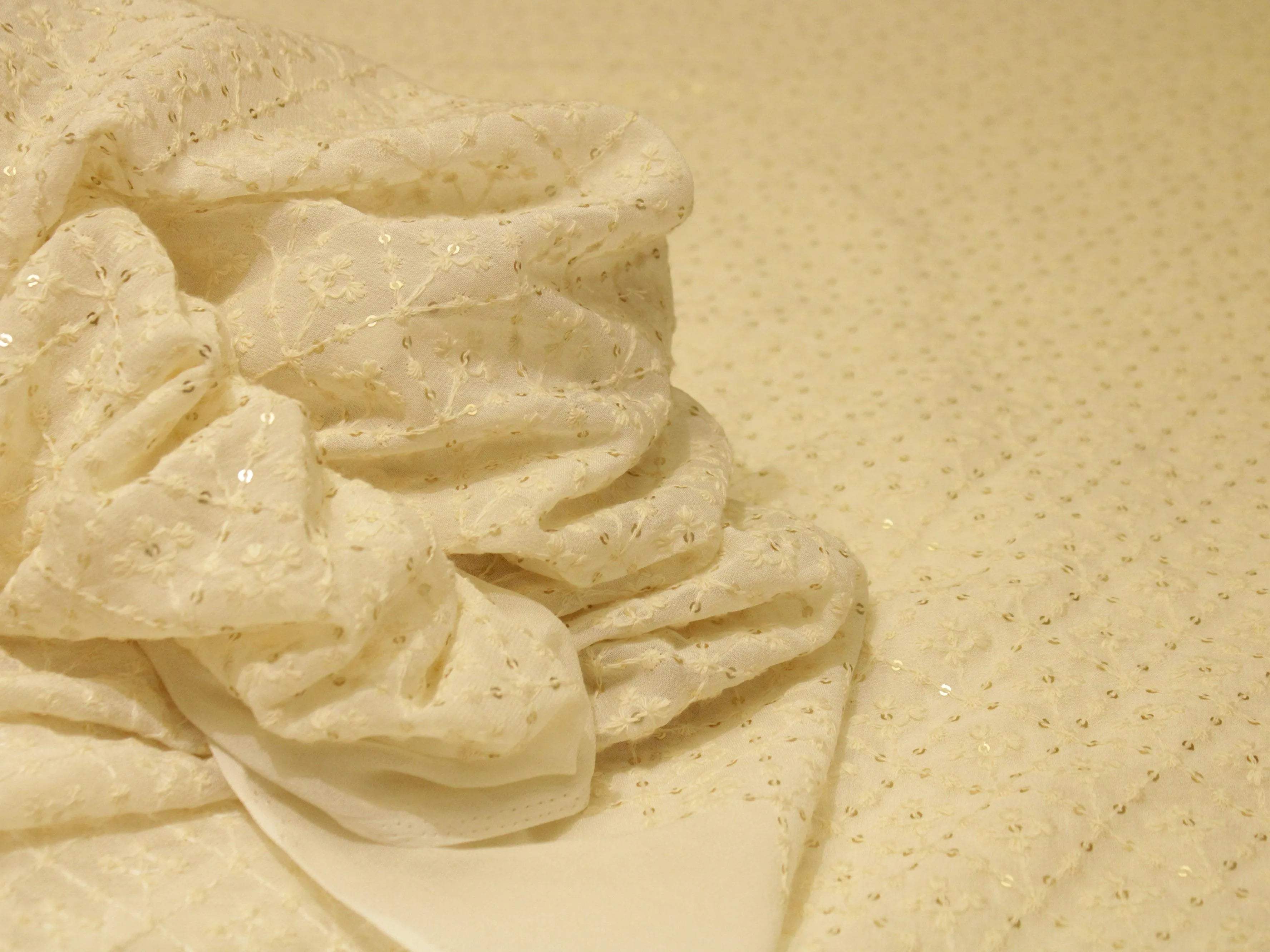 Bemberg Georgette Lucknawi Thread & Sequin Work Fabric - White Dyeable - M'Foks