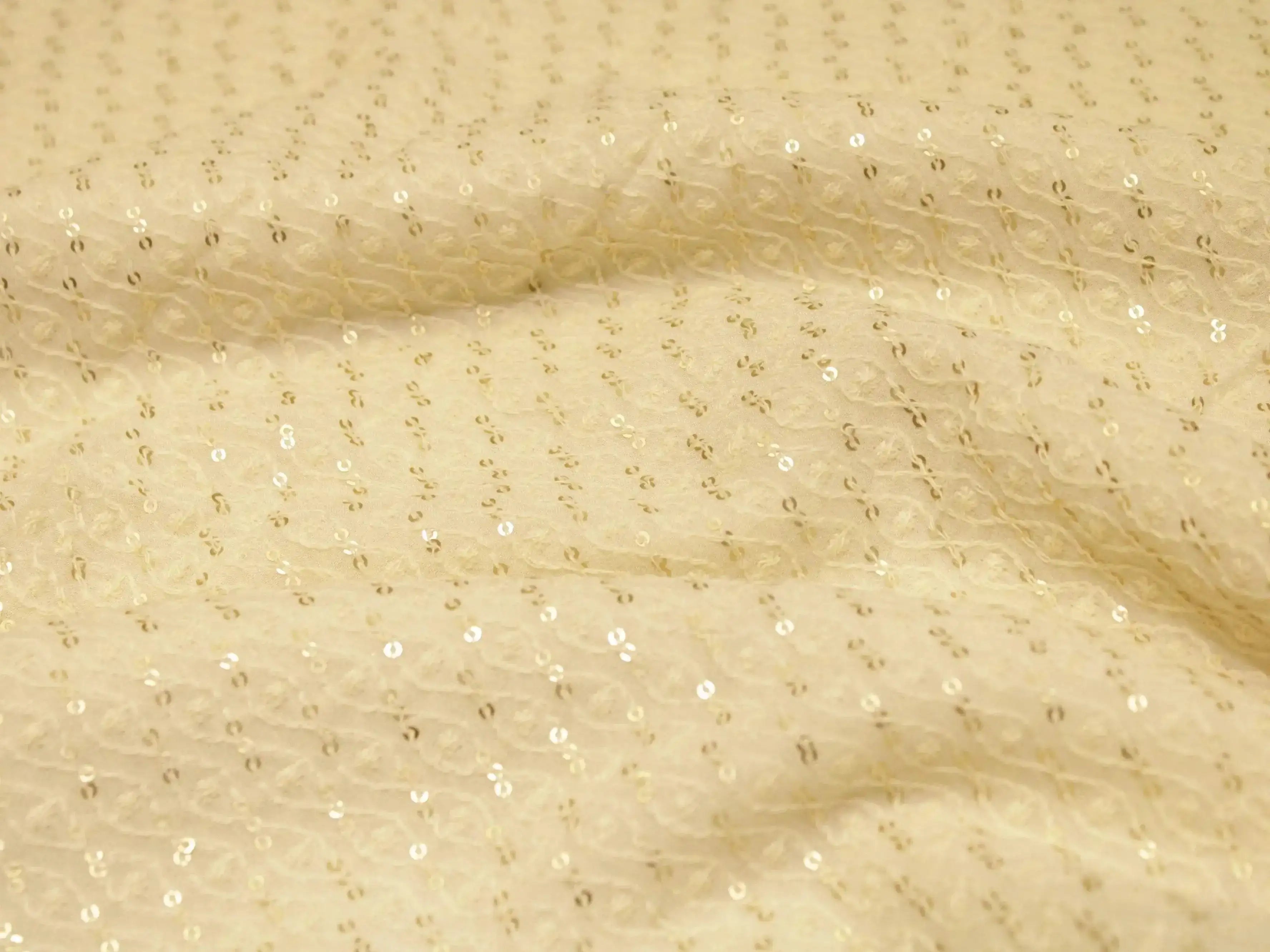 Bemberg Georgette Lucknawi Thread & Sequin Work Fabric - White Dyeable - M'Foks