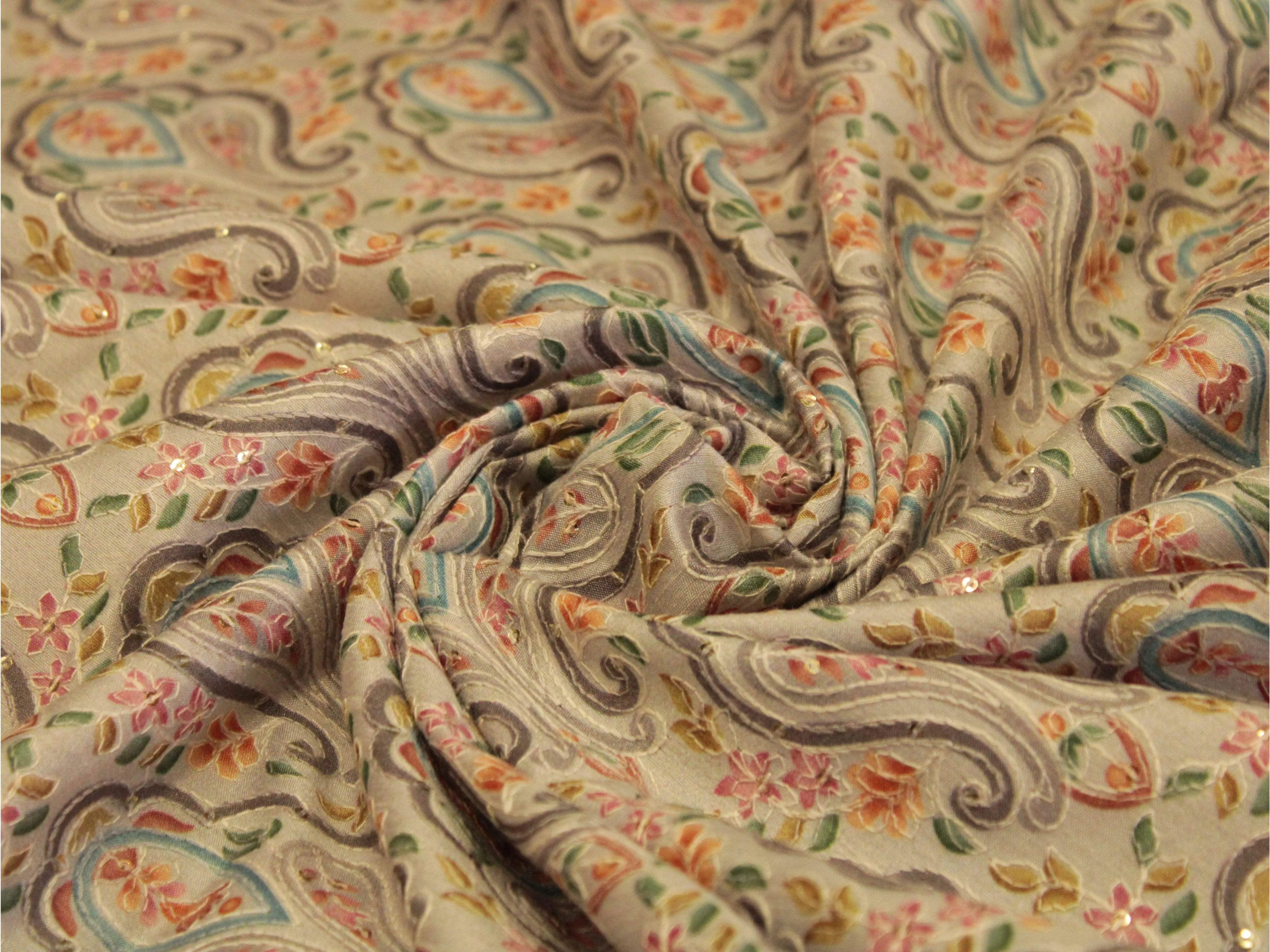 Woven Silk Digital Print Thread & Sequin Fabric