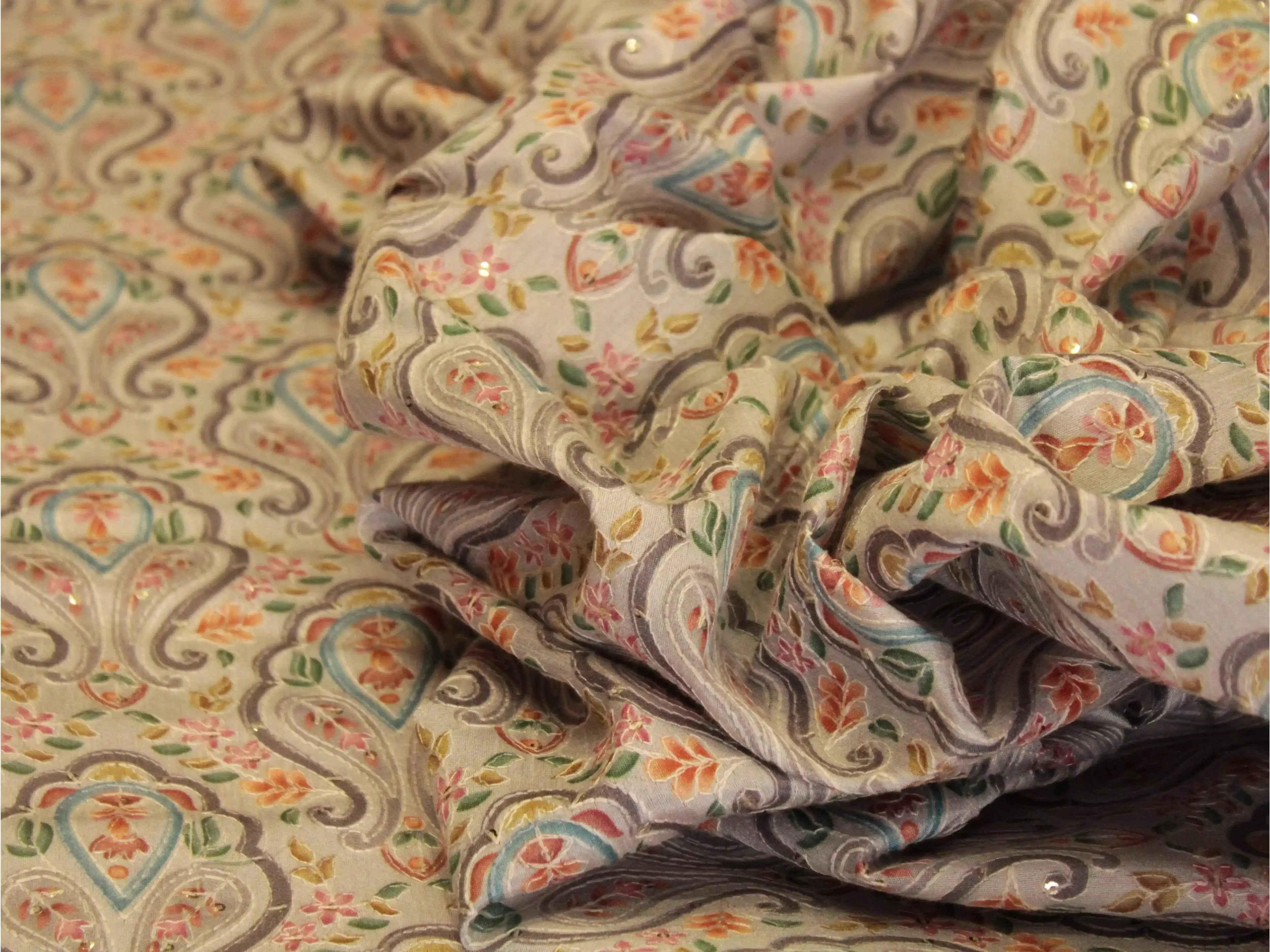 Grey silk digital print fabric with intricate floral and paisley motifs, ideal for ethnic wear