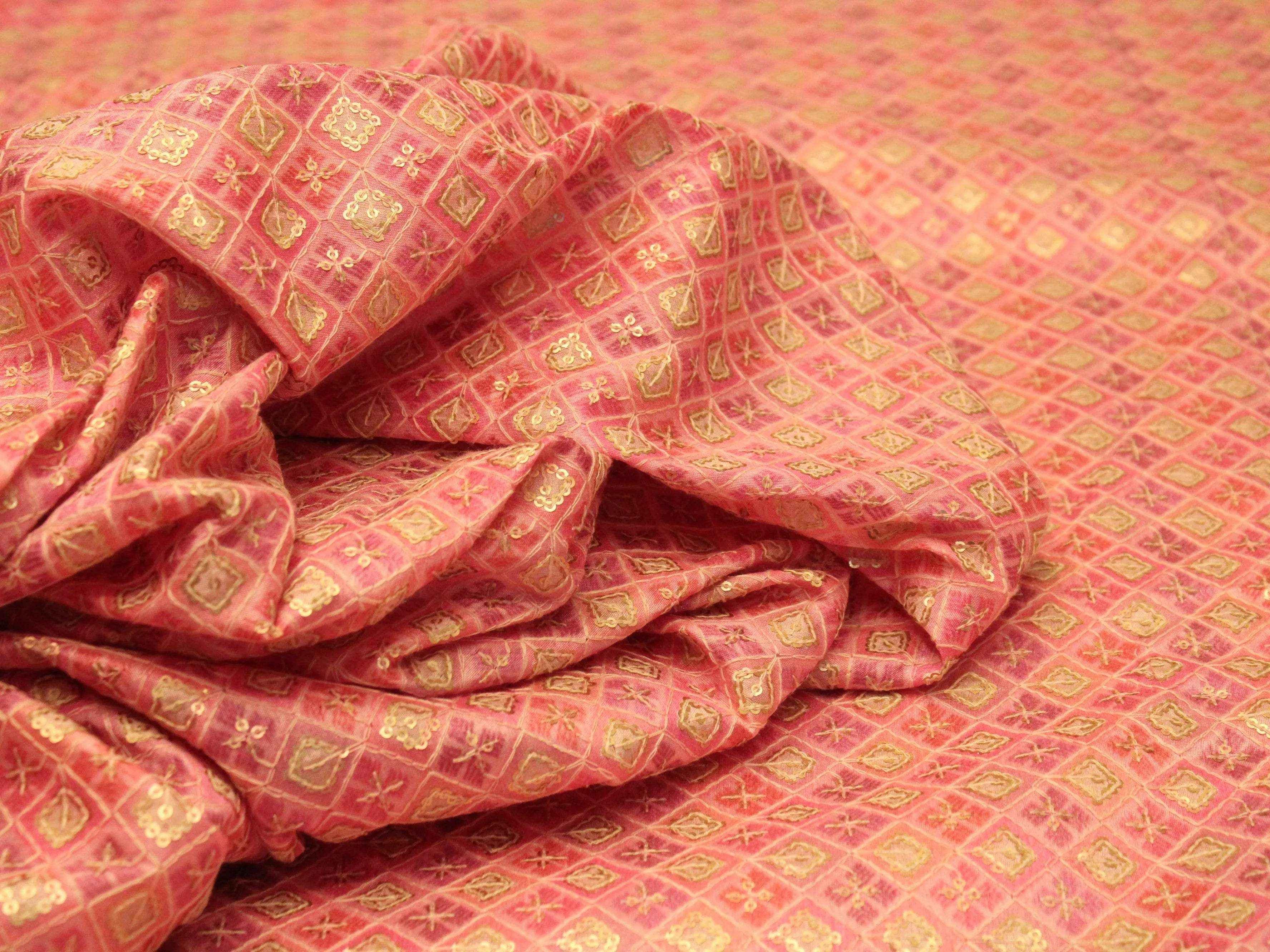 Pink silk digital print fabric with gold geometric pattern, premium ethnic textile