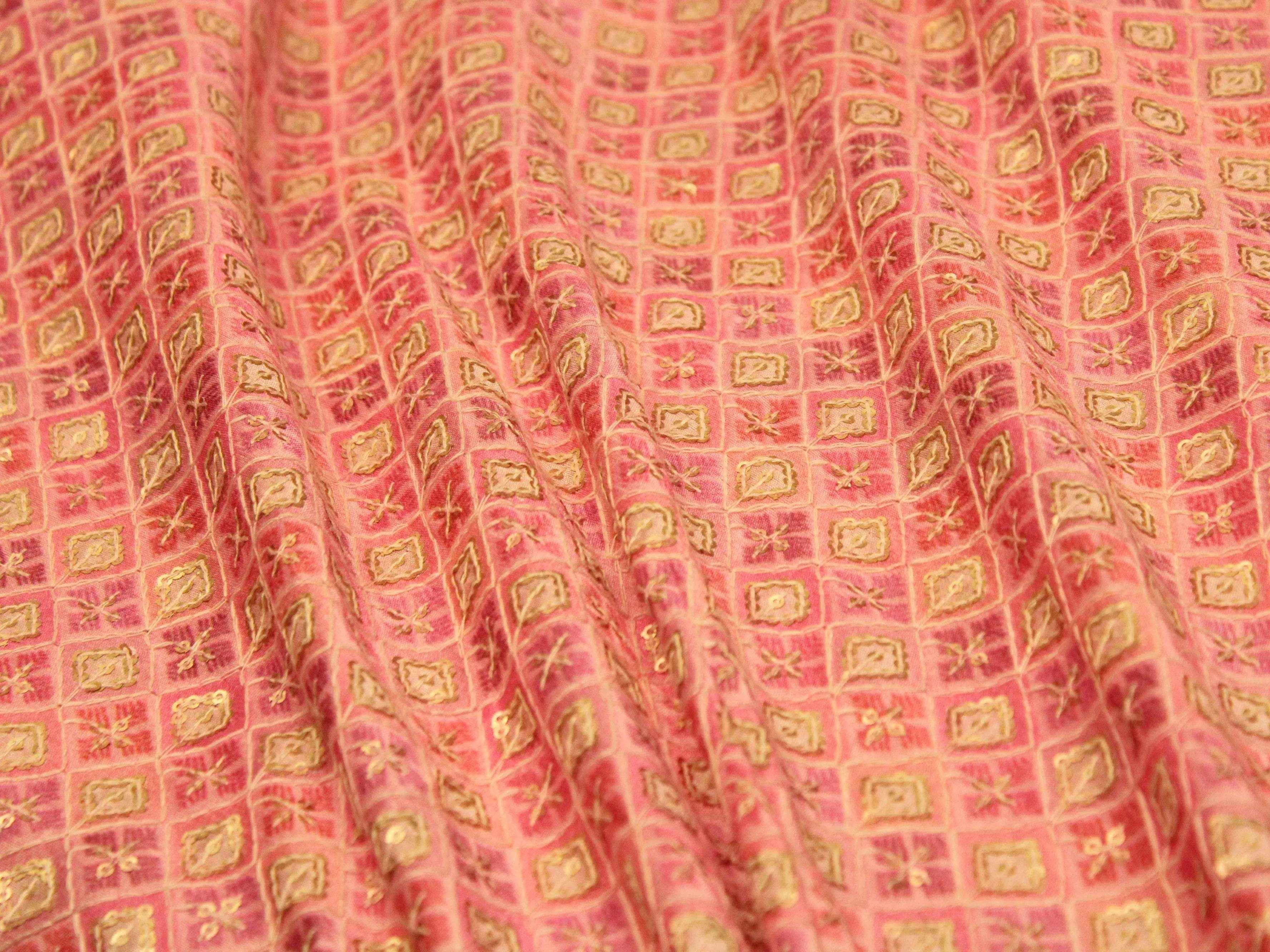 Pink silk digital print fabric with gold geometric and floral motifs