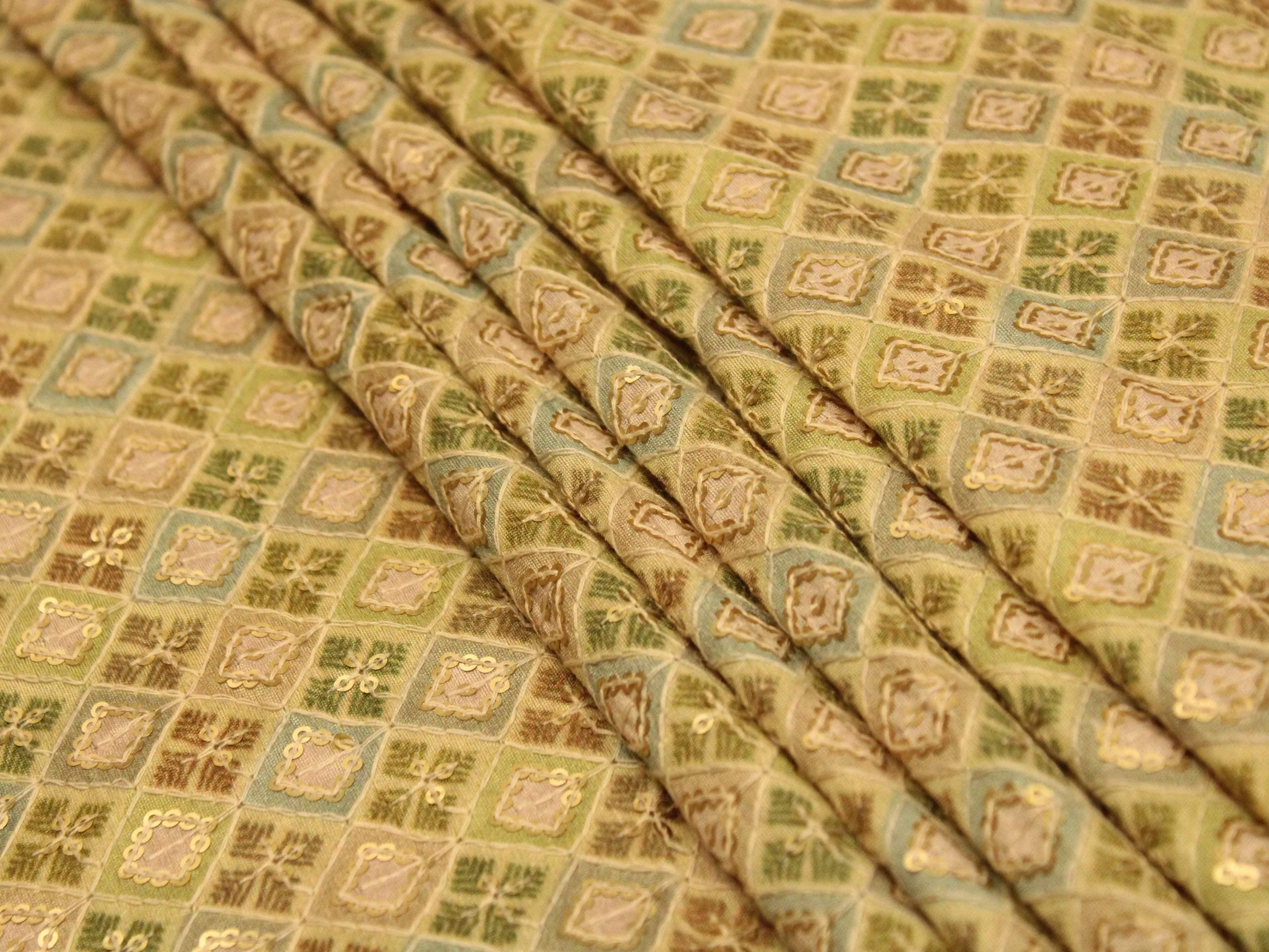 Pista green silk digital print fabric with intricate geometric and floral patterns