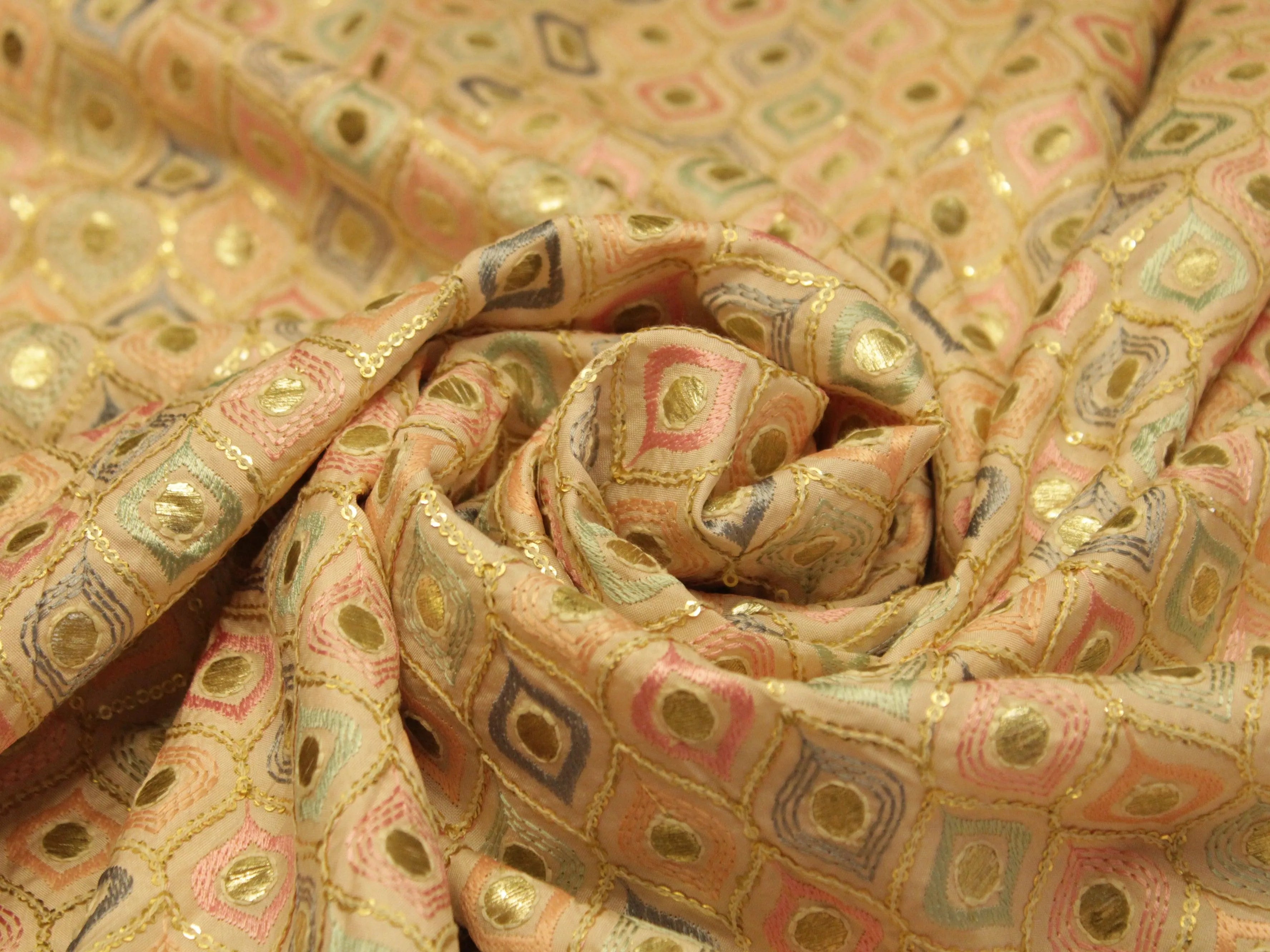 Celestial Threads: Muslin Silk Multi Thread Work Fiesta fabric - Baby Peach - M'Foks