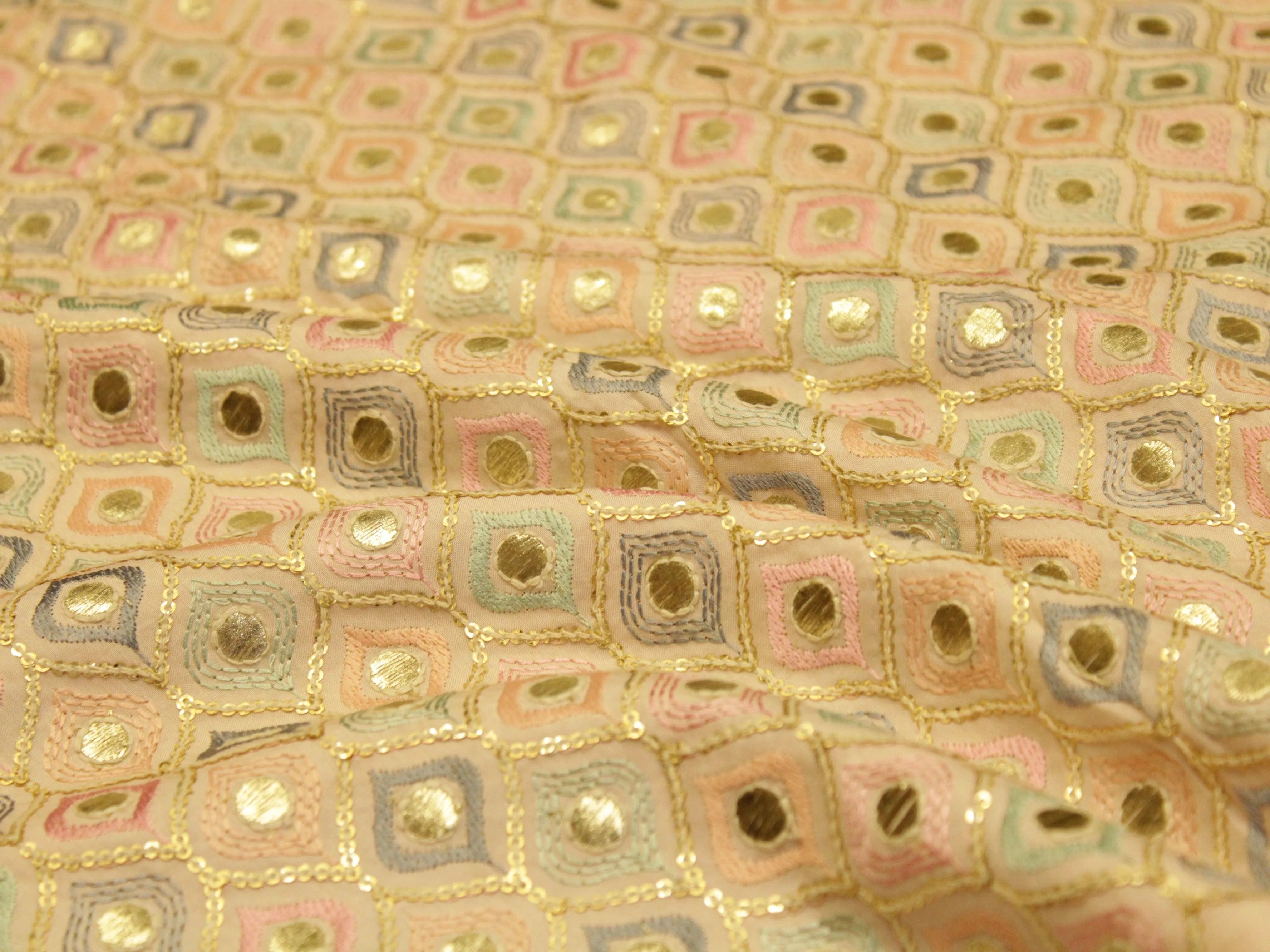 Celestial Threads: Muslin Silk Multi Thread Work Fiesta fabric - Baby Peach - M'Foks