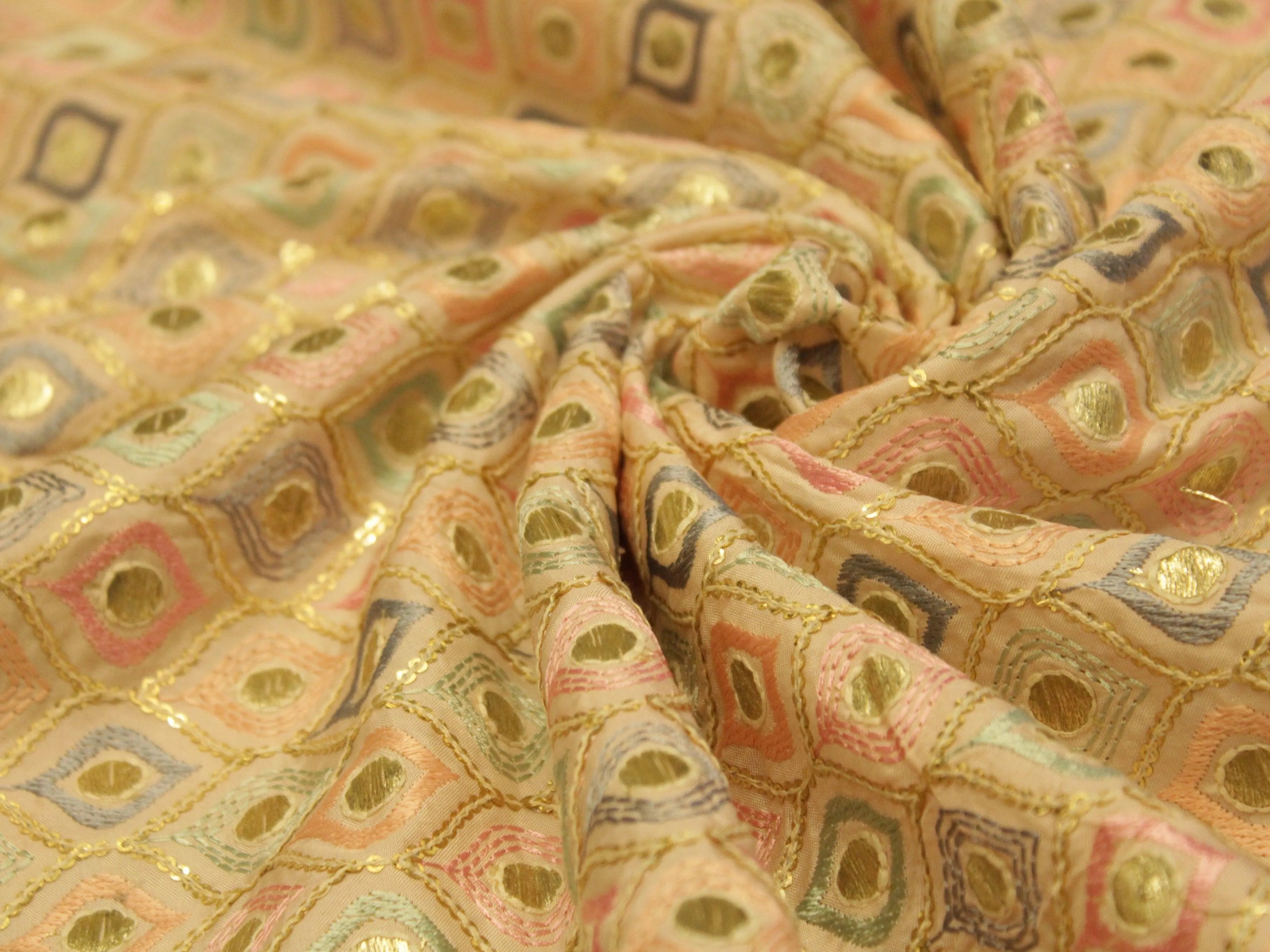 Celestial Threads: Muslin Silk Multi Thread Work Fiesta fabric - Baby Peach - M'Foks