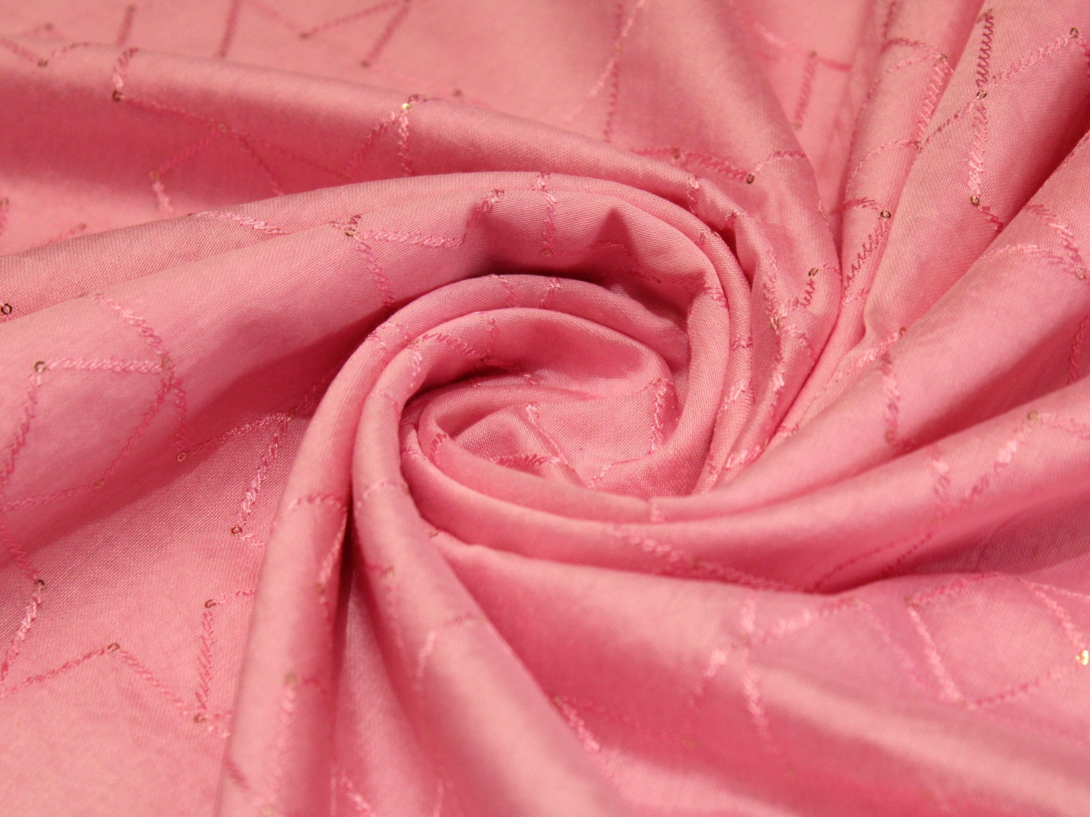 Chanderi Silk Sequin Box Work Fabric - Pink - M'Foks