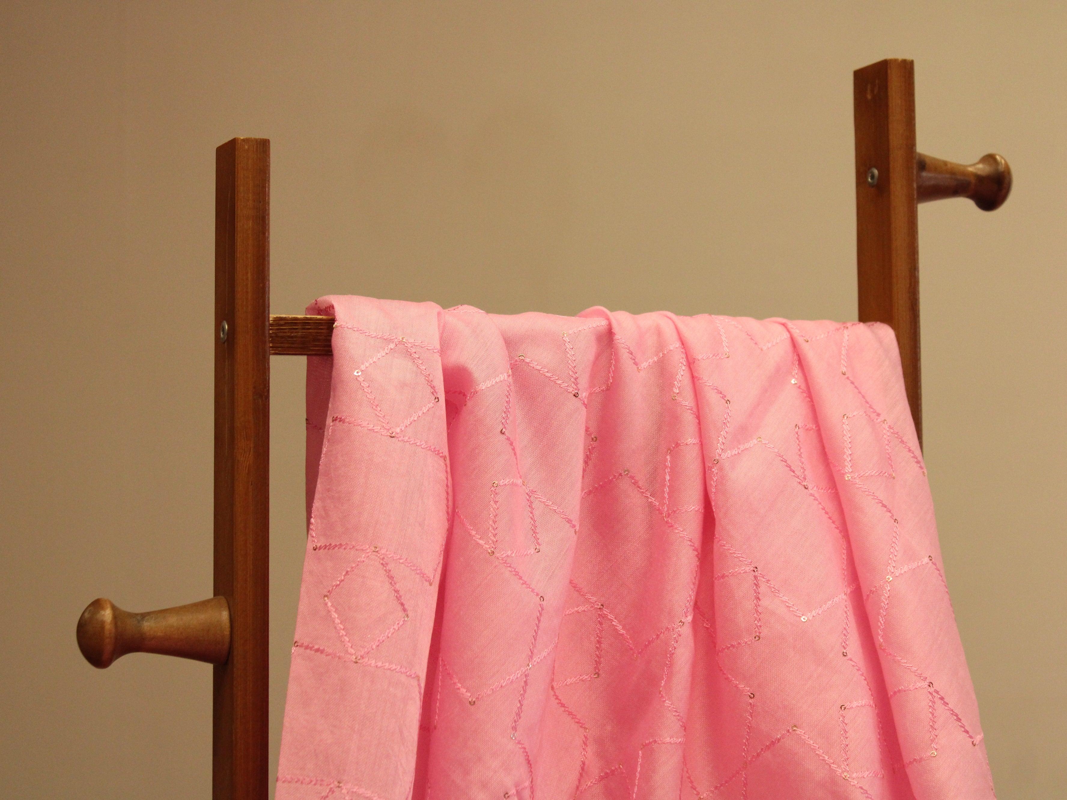 Chanderi Silk Sequin Box Work Fabric - Pink - M'Foks
