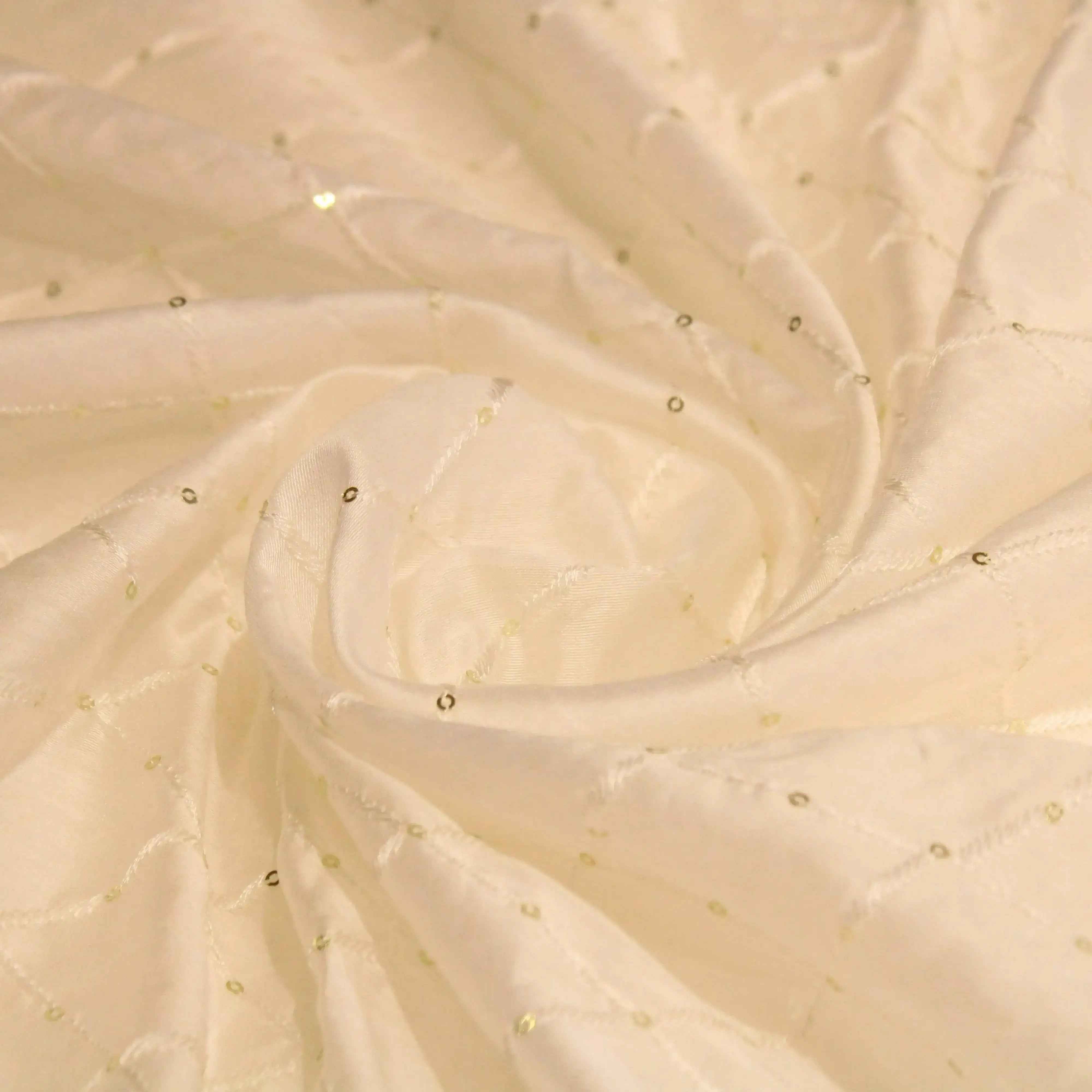 Chanderi Silk Thread & Sequin Box Work Fabric - White Dyeable