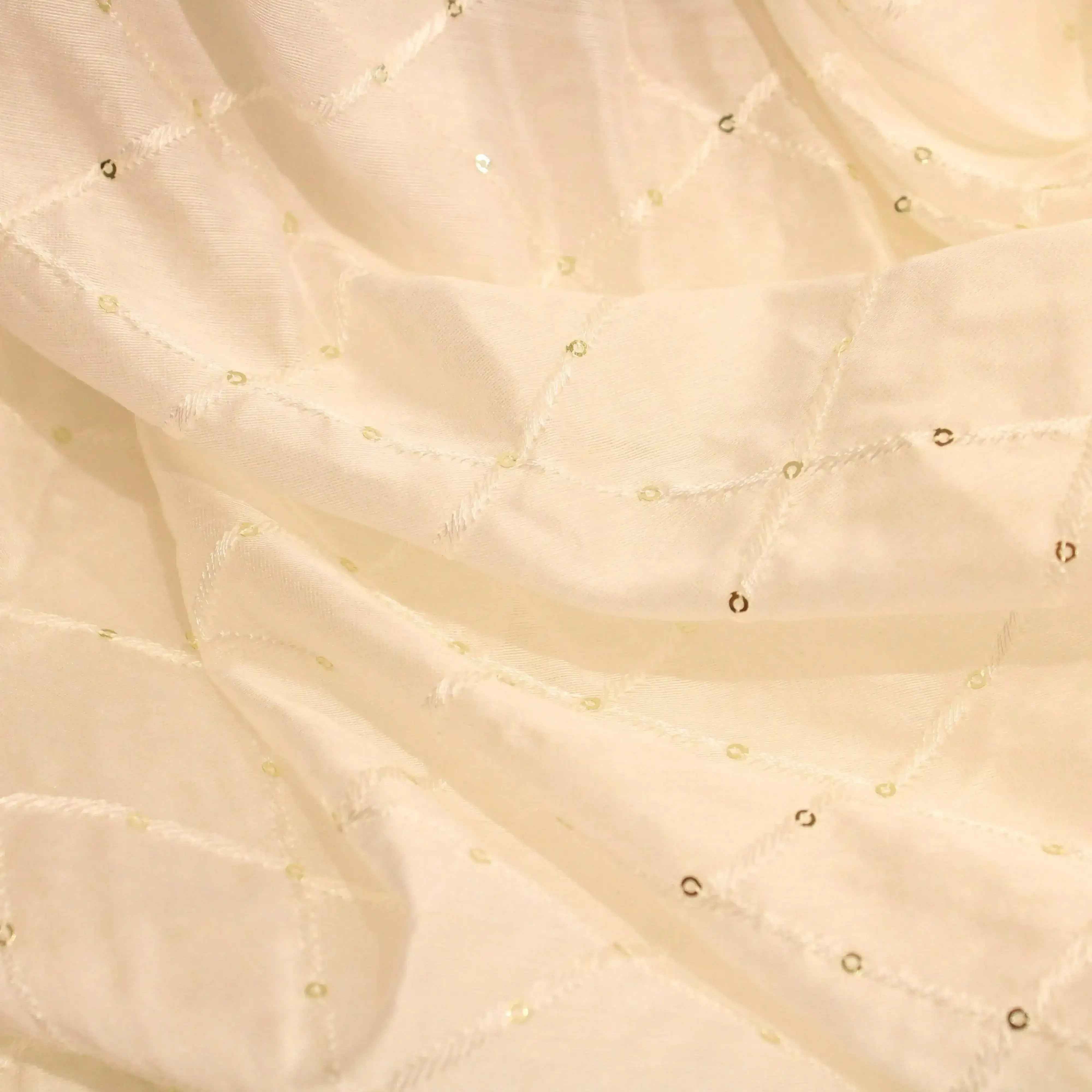 Chanderi Silk Thread & Sequin Box Work Fabric - White Dyeable