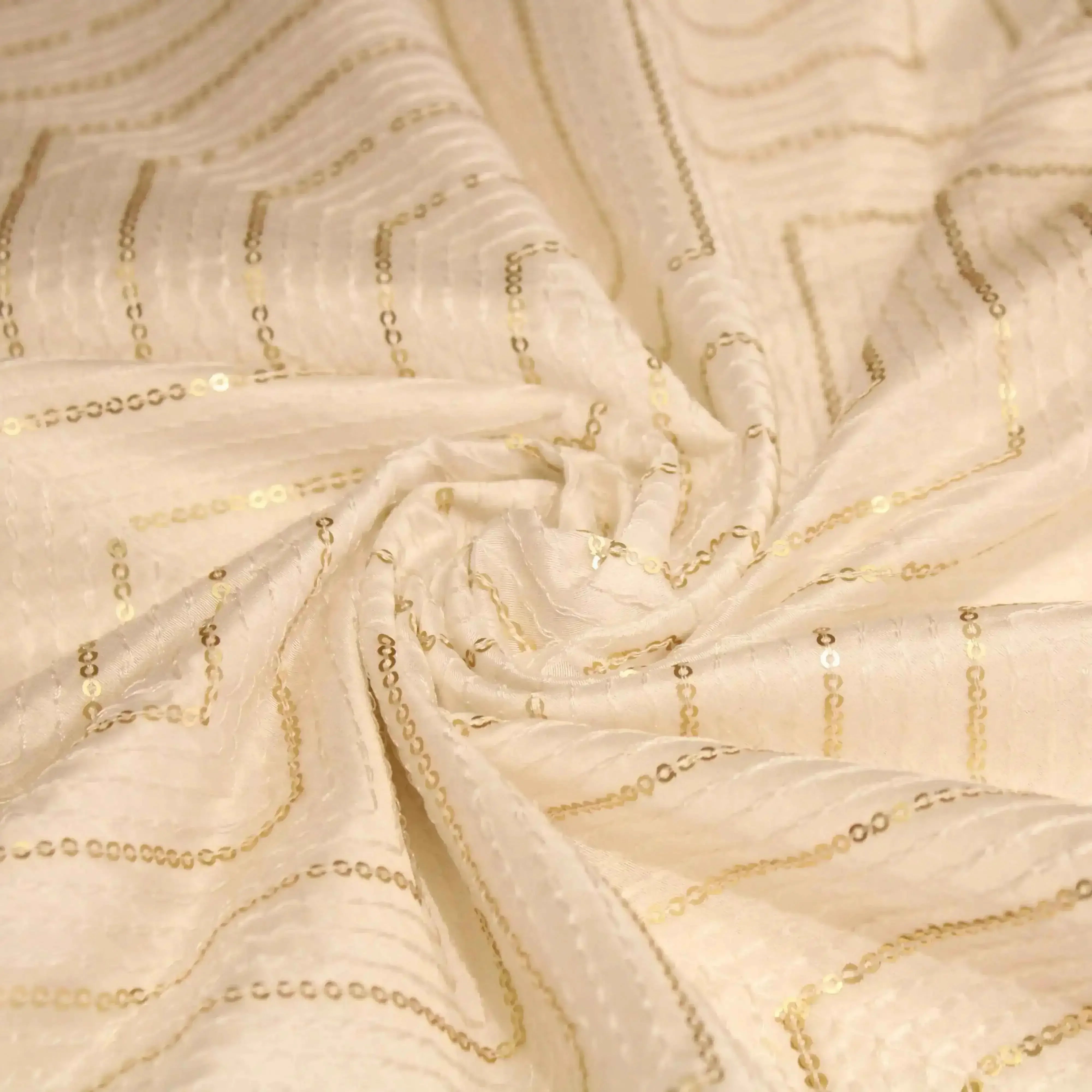 White Chanderi silk fabric with gold sequin and thread work, dyeable textile