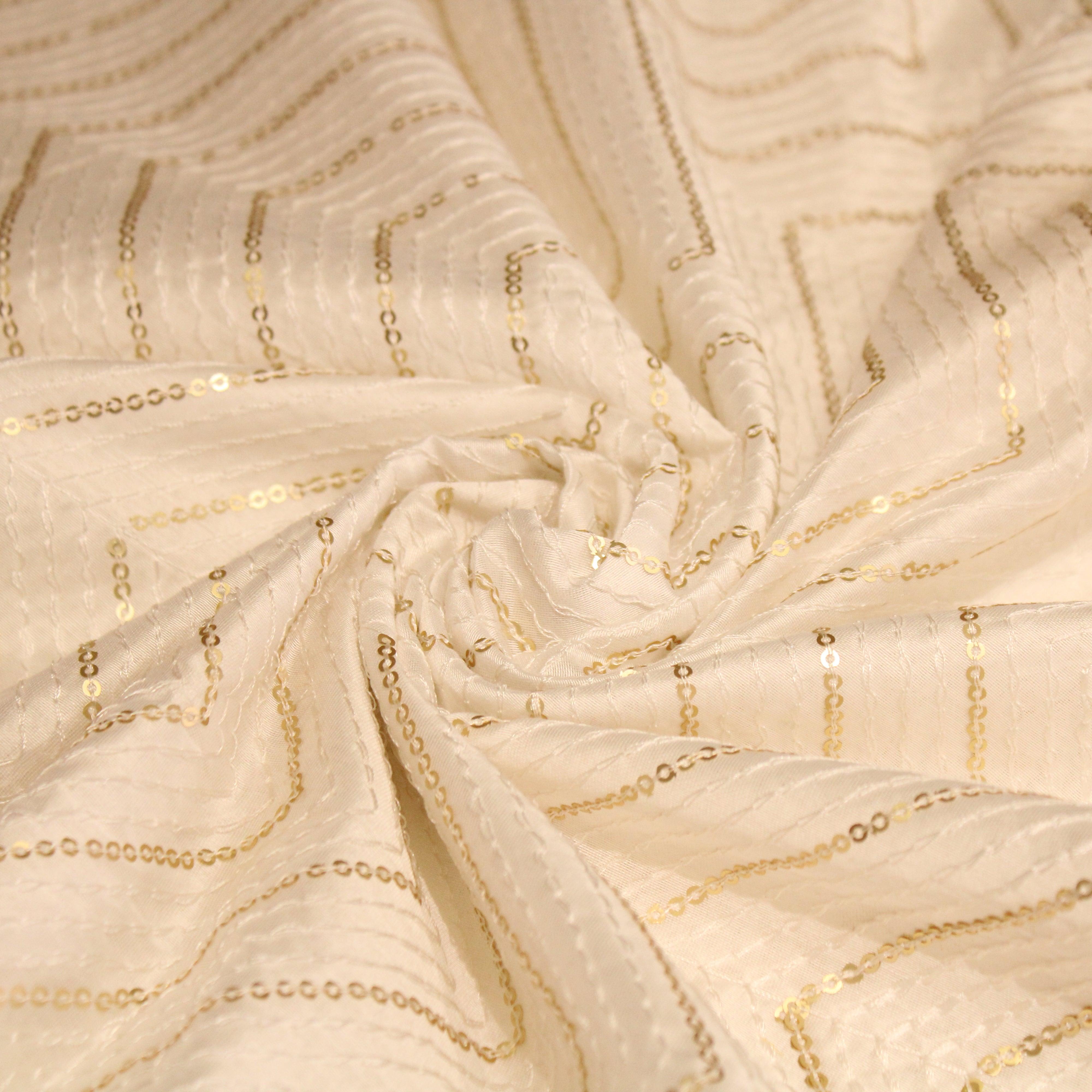 Chanderi Silk Thread & Sequin Work Fabric - White Dyeable - M'Foks