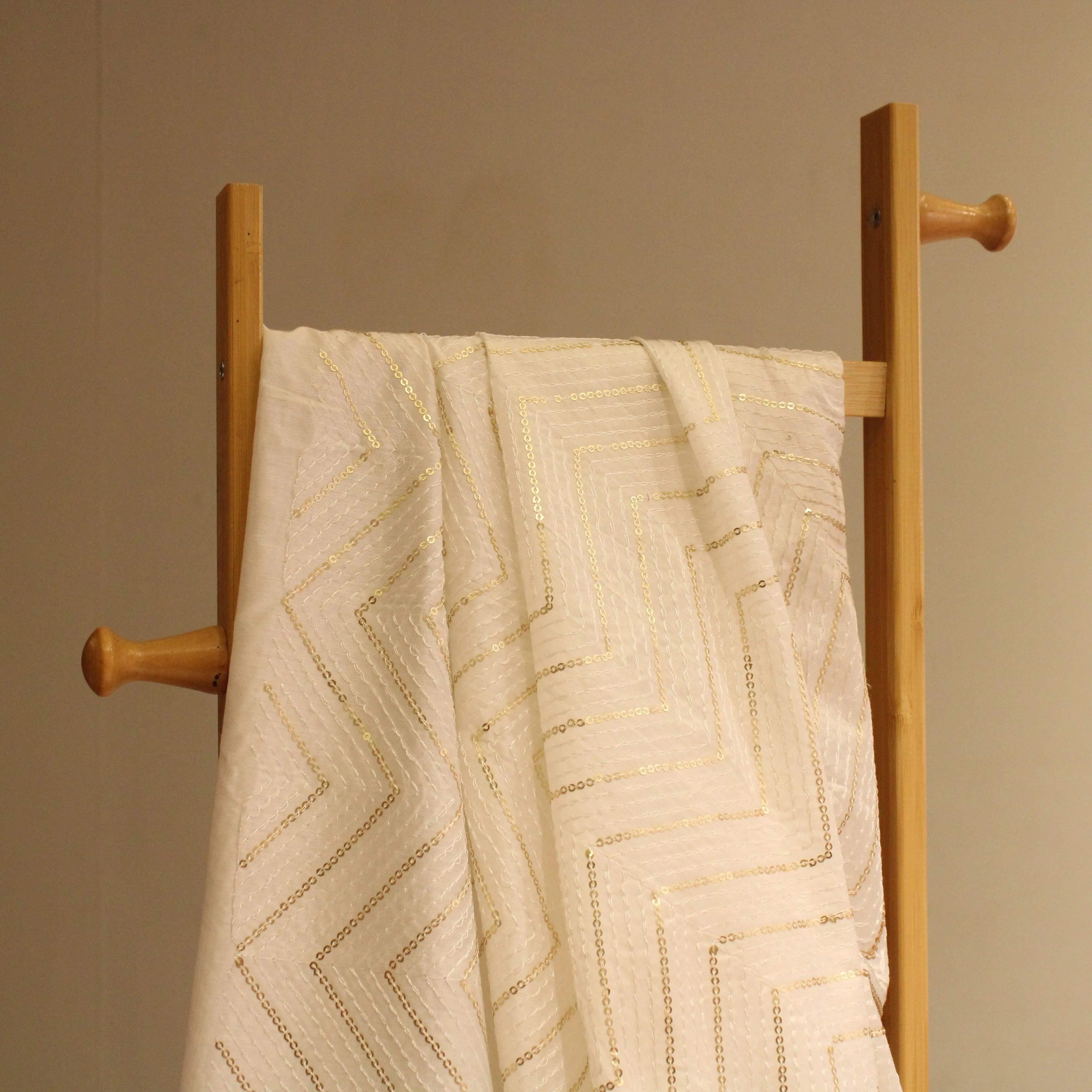 Chanderi Silk Thread & Sequin Work Fabric - White Dyeable - M'Foks