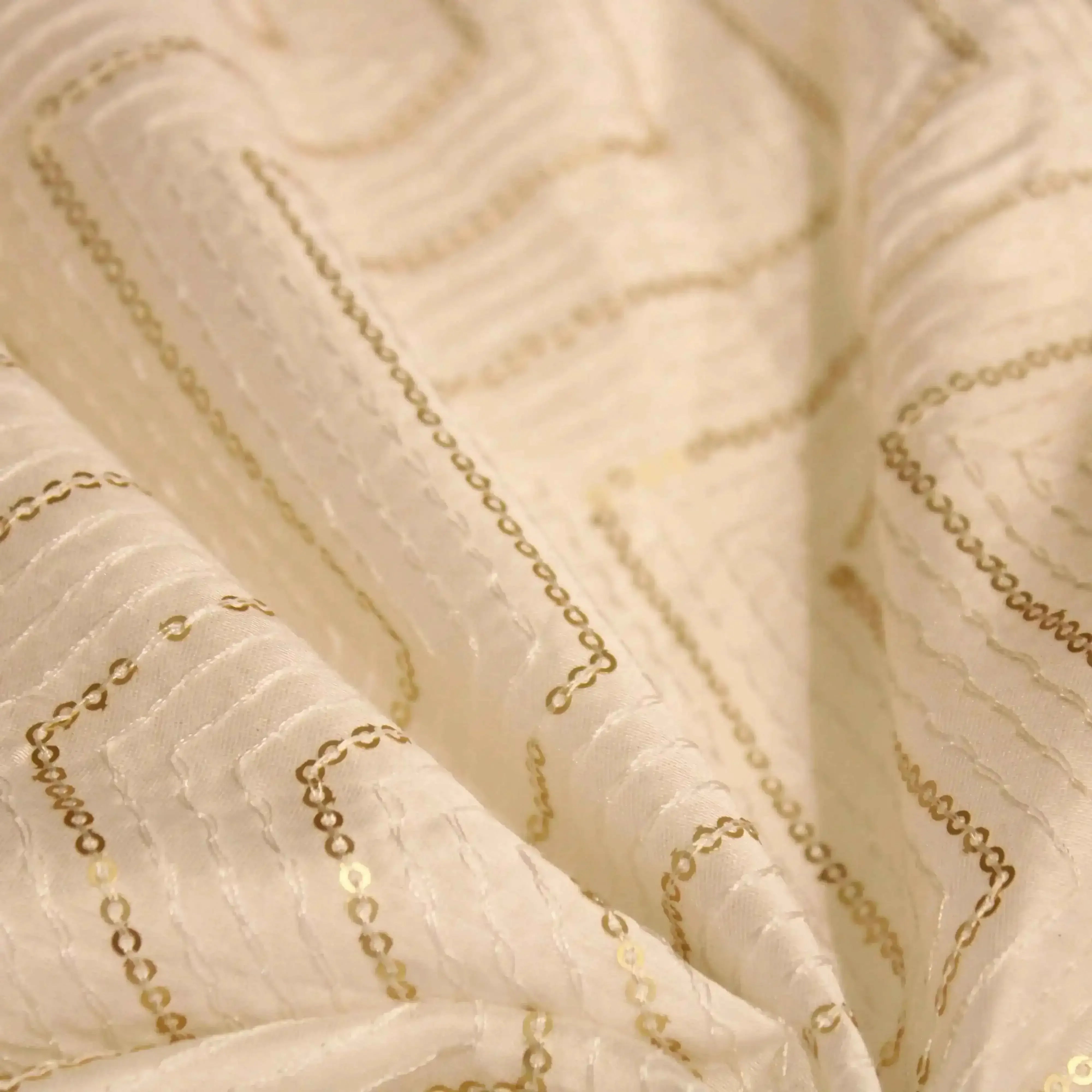 White Chanderi silk fabric with gold sequin and thread embroidery