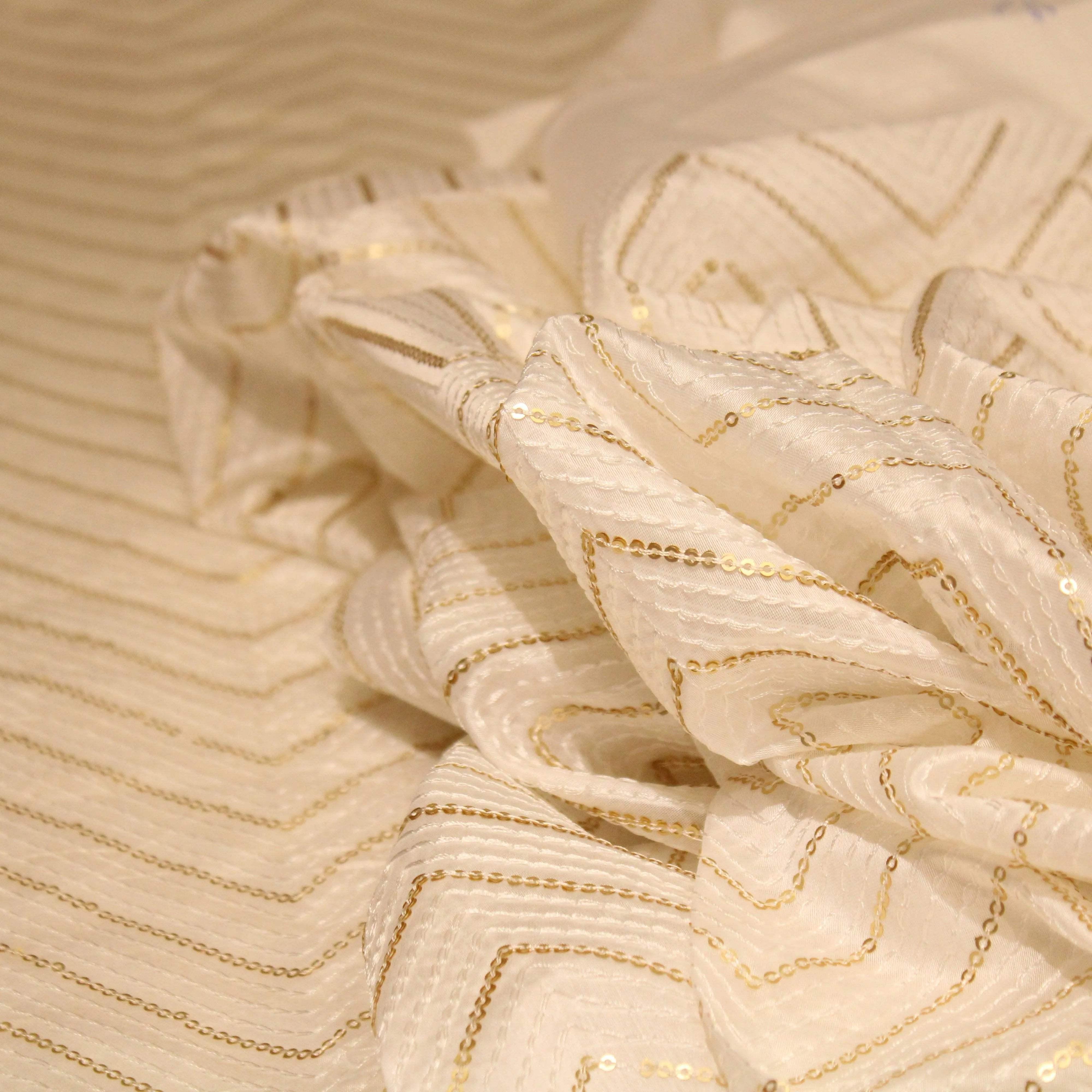 White chanderi silk fabric with gold sequin and thread work, chevron pattern, unstitched textile
