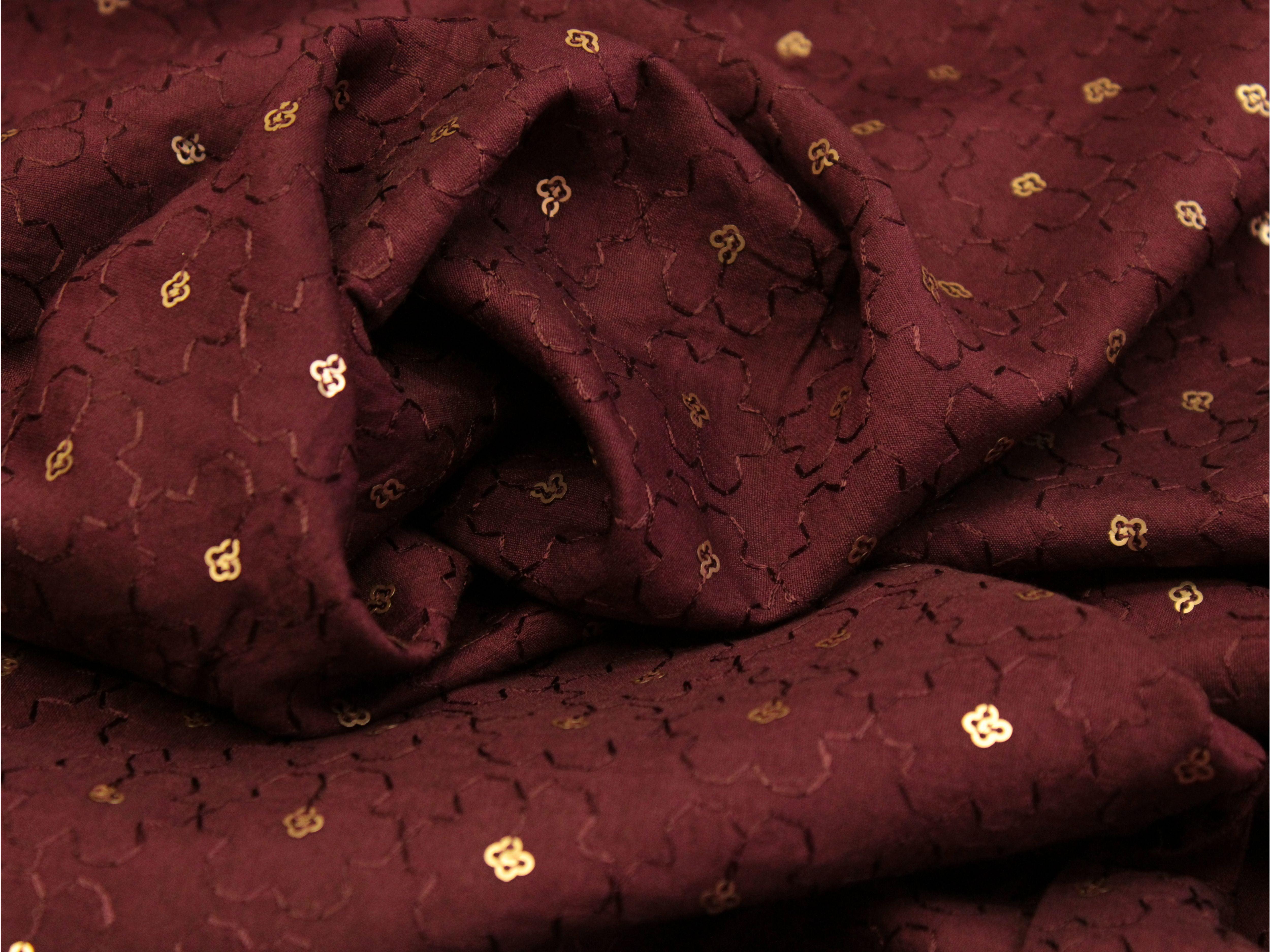 Chanderi Silk Thread & Sequin Work Fabric - Wine - M'Foks