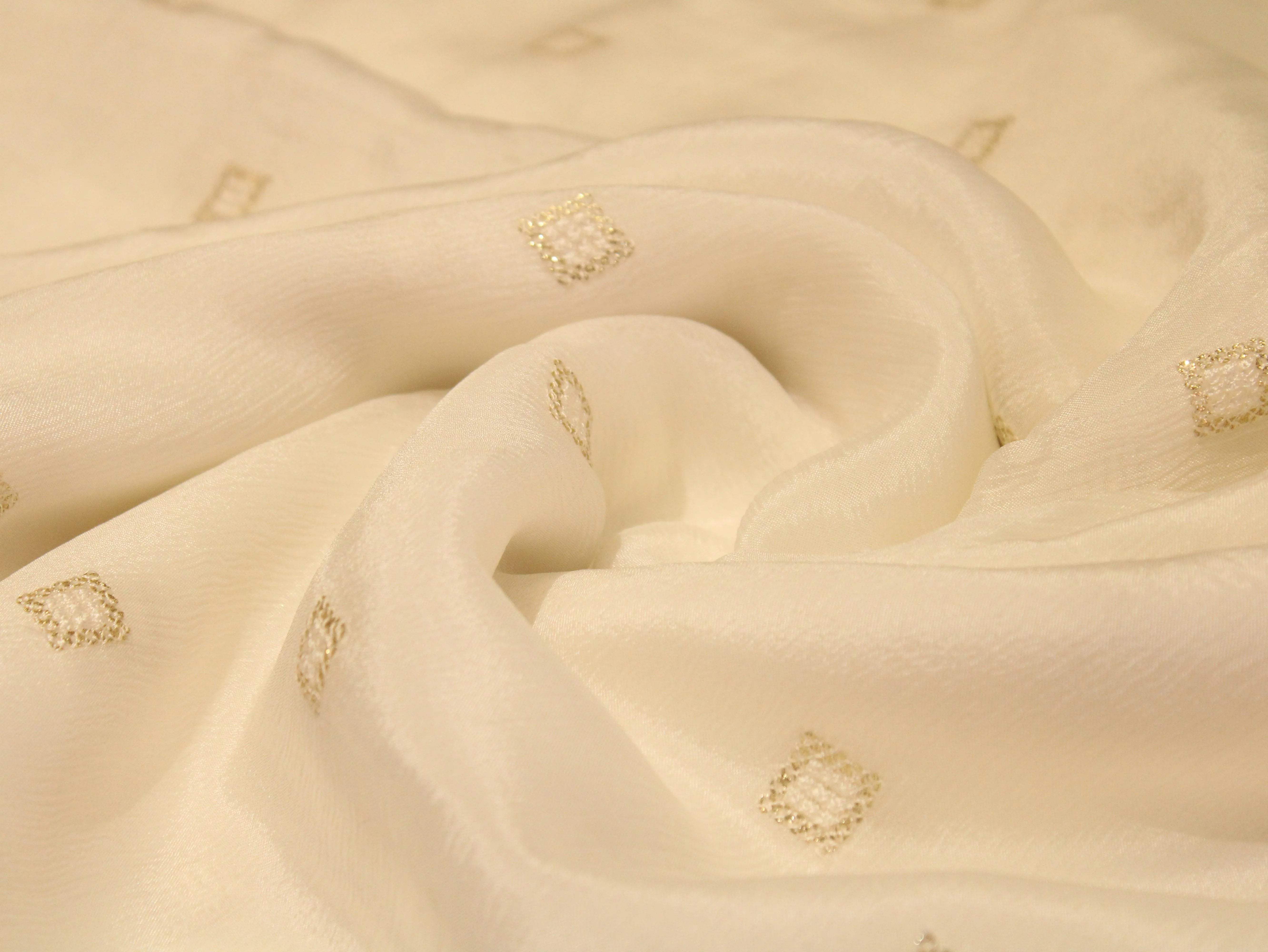 Chinon Micro Thread & Sequins Buti Work Fabric - White Dyeable - M'Foks