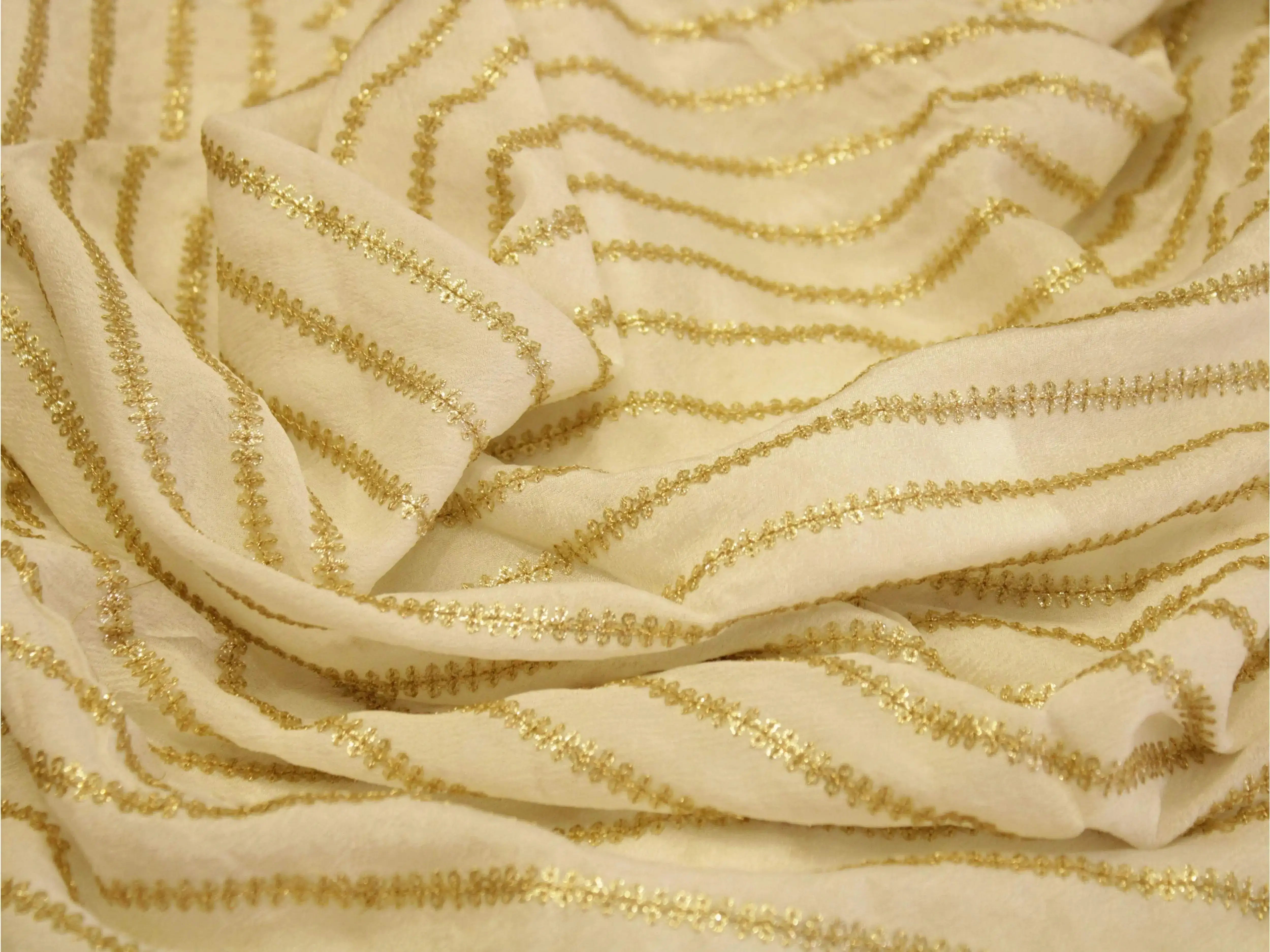 Chinon Micro Thread & Sequins Work Lehariya Fabric - White Dyeable - M'Foks