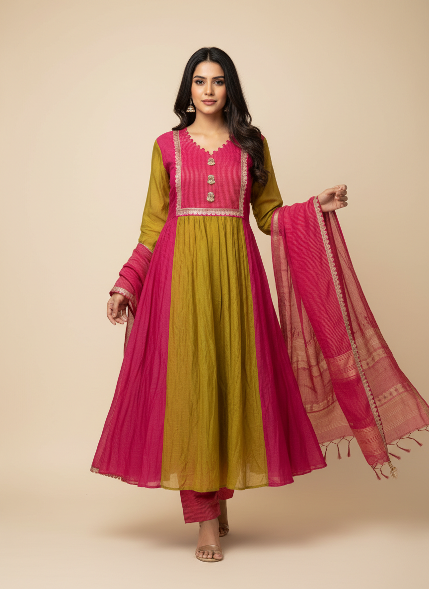 Pure Mal Chanderi Designer Suit Set – Green & Rani A-Line Kurta with Banarasi Dupatta