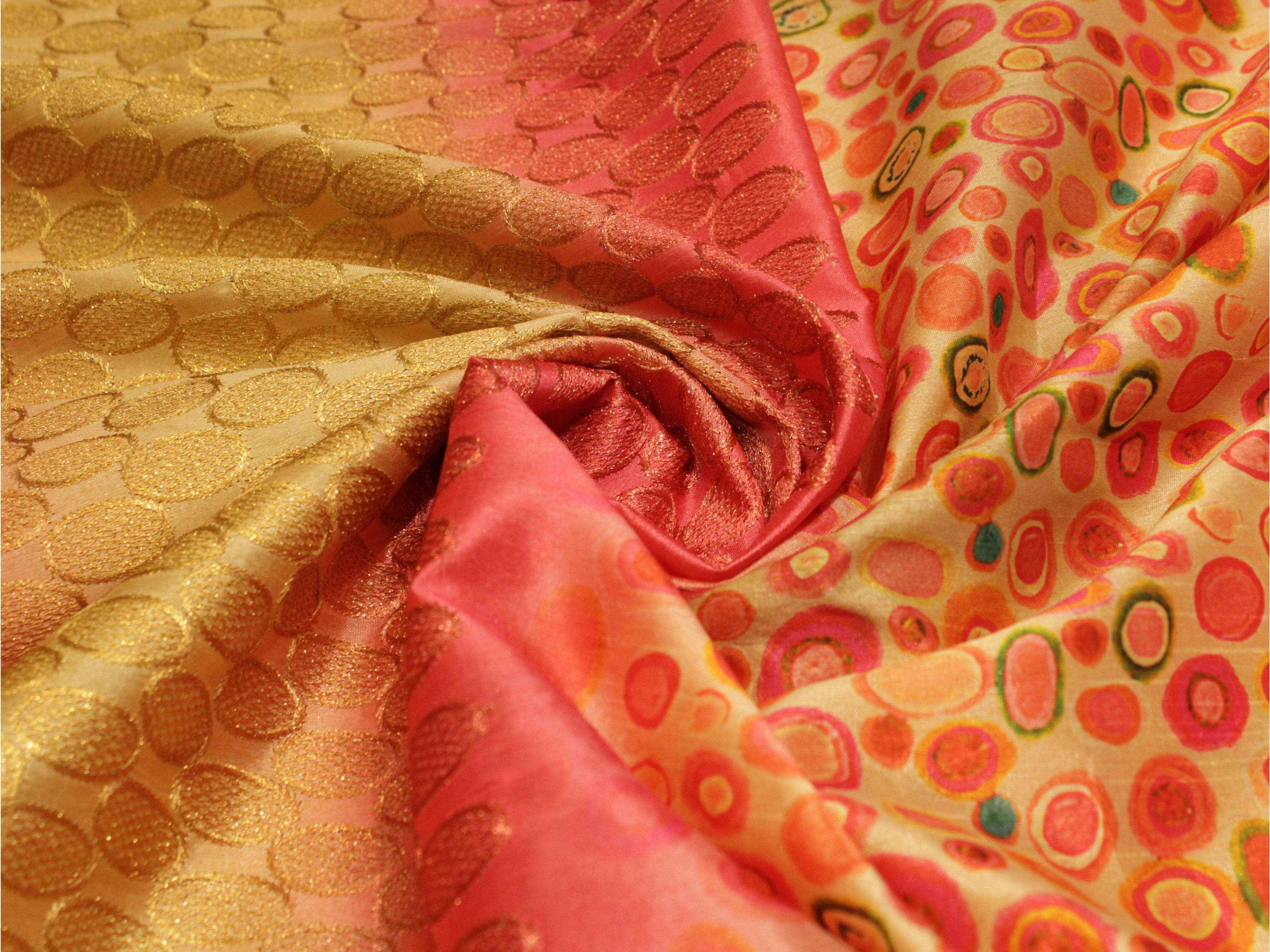 Digital Printed Silk-Texture Fabric with Panel Zari Embroidery