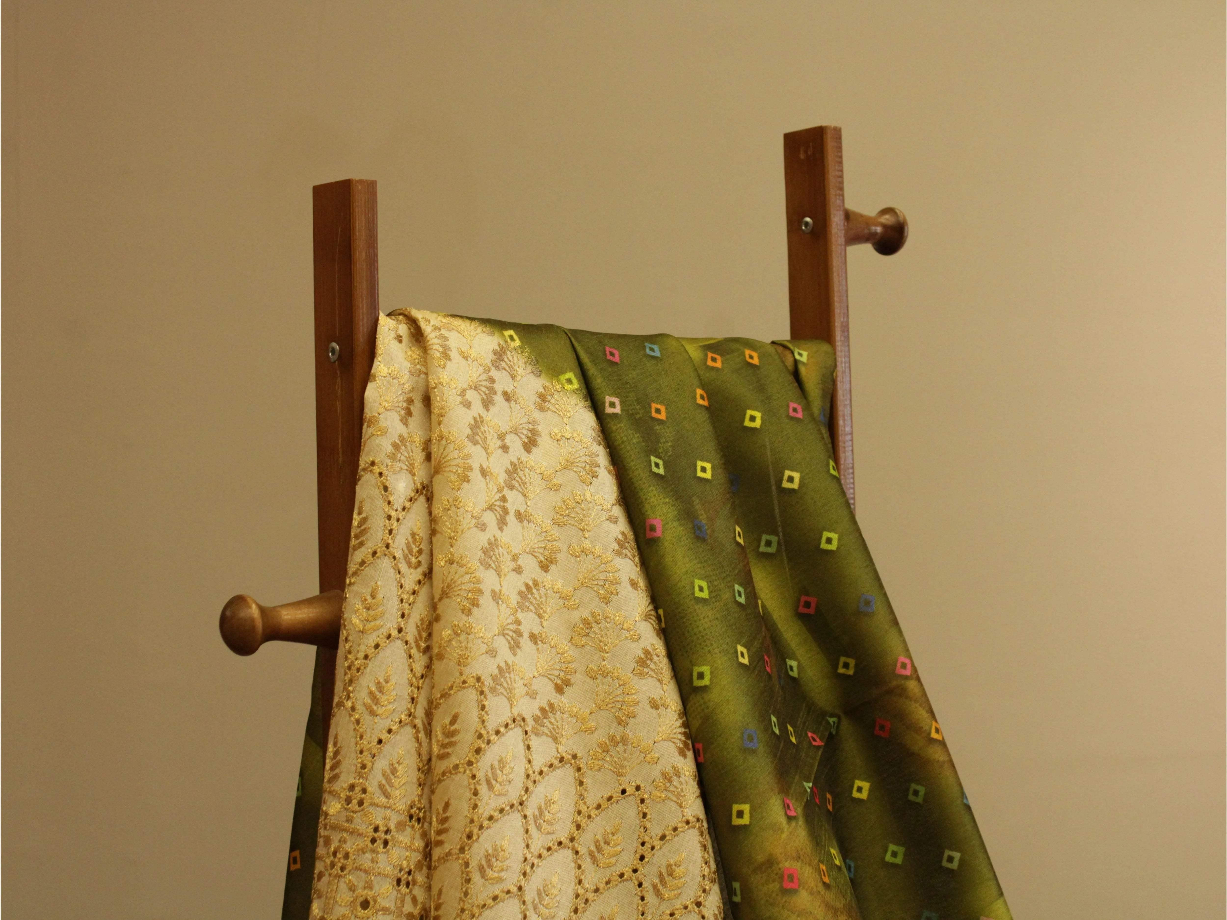 Digital Printed Silk-Texture Fabric with Panel Zari Embroidery