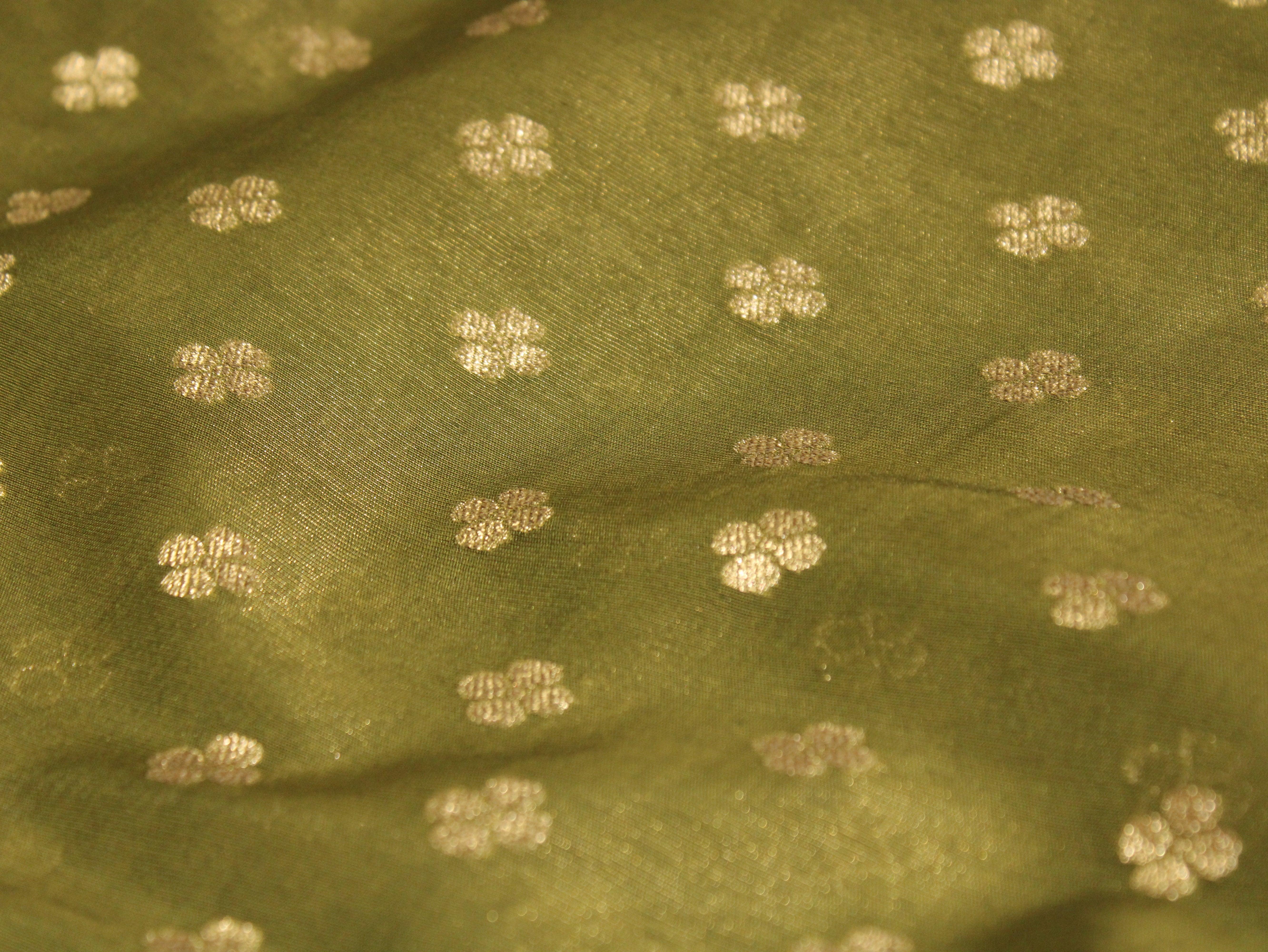 Ivory Elegance: Premium Banarasi Buti Tissue Fabric - Mehndi - M'Foks