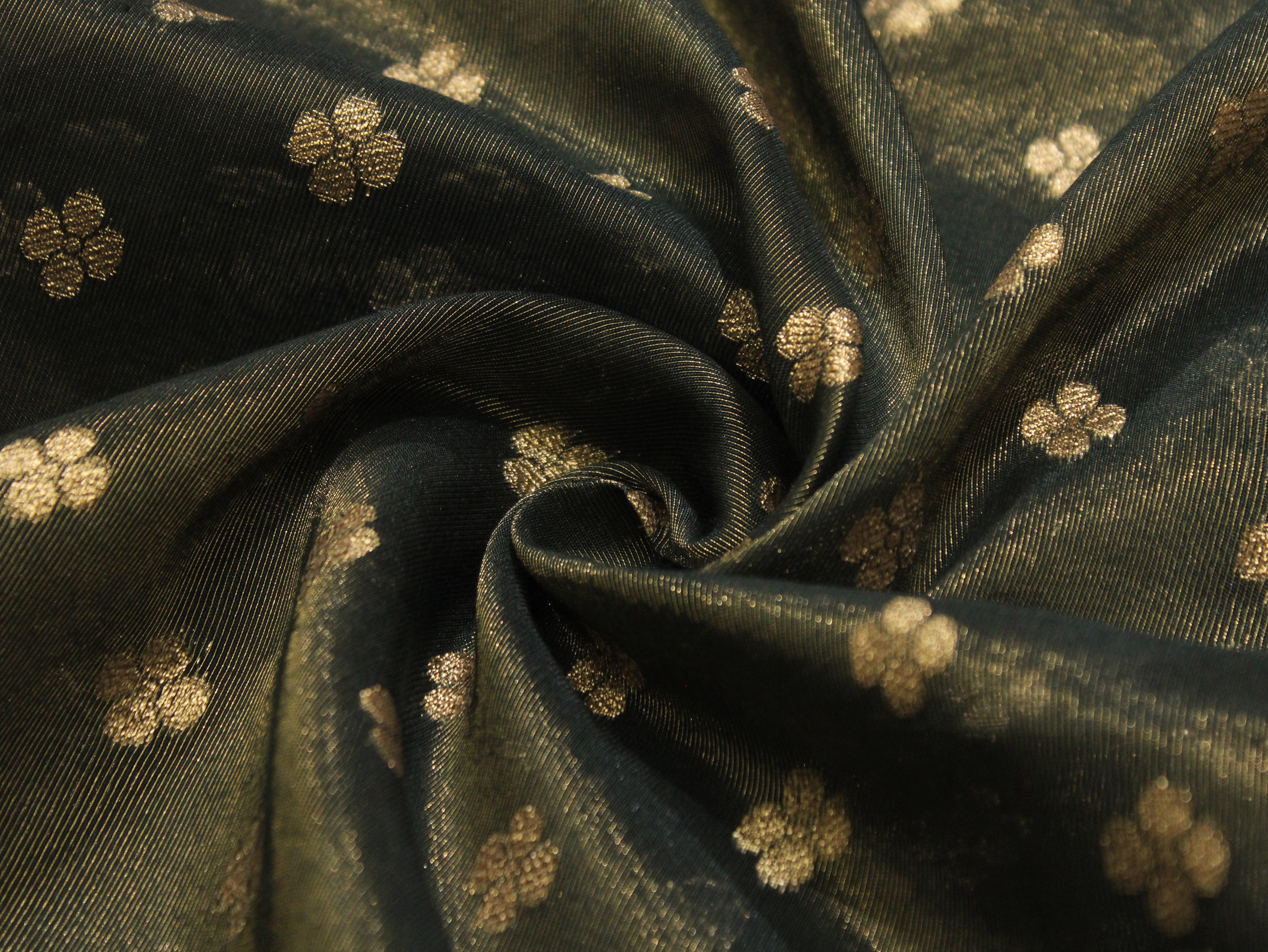 Ivory Elegance: Premium Banarasi Buti Tissue Fabric - Peacock Blue - M'Foks