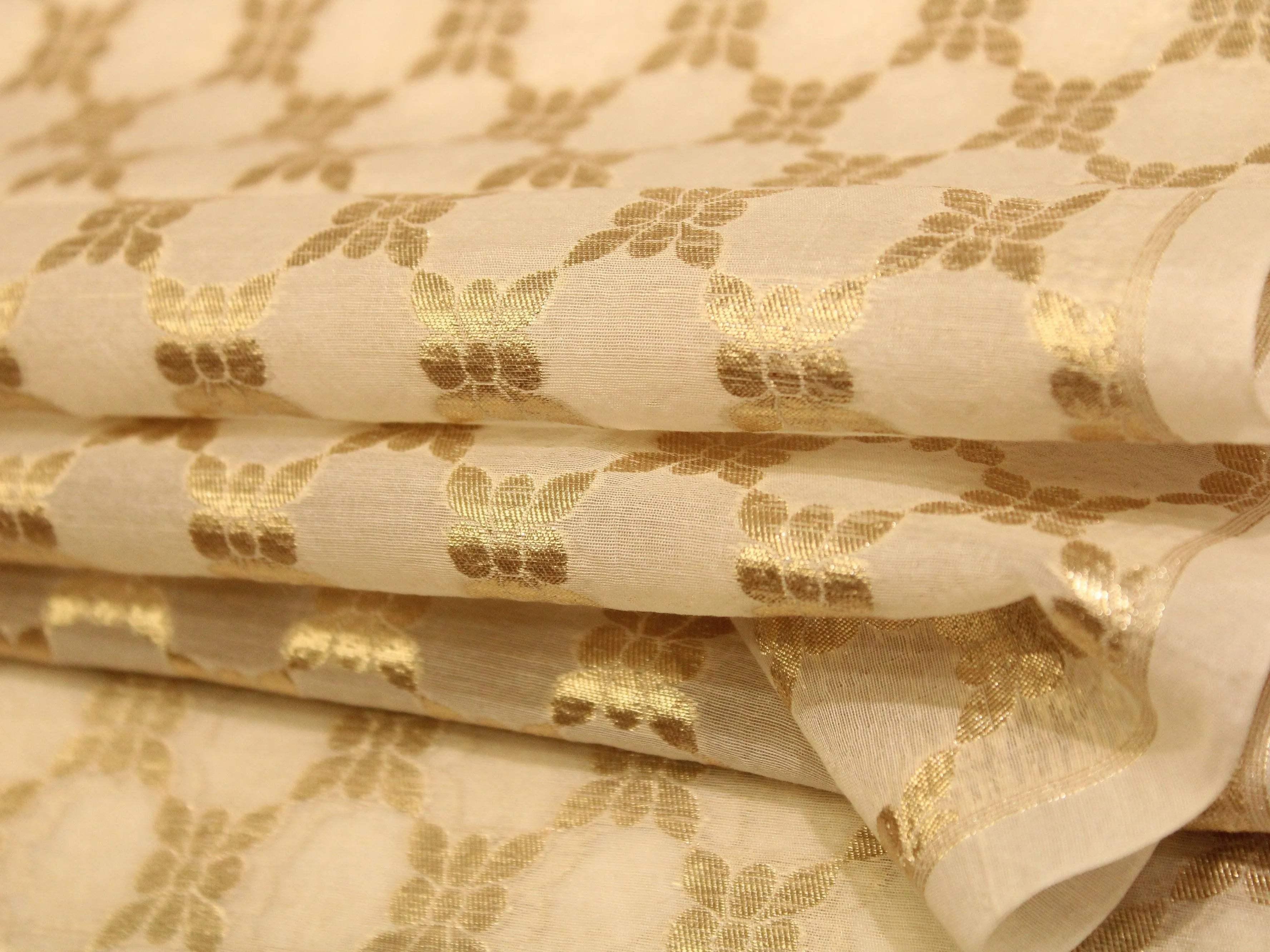 Chanderi Finish Jacquard Fabric with Golden Zari - Dyeable