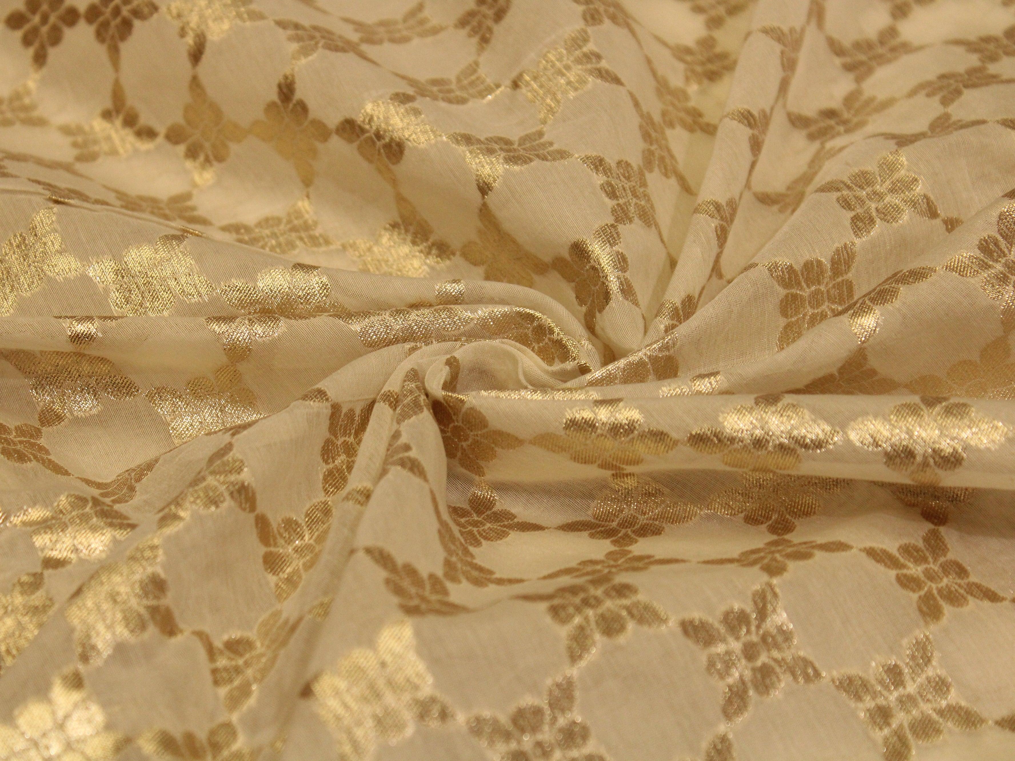 Ivory Elegance: Premium Banarasi Woven Chanderi Silk Fabric - Dyeable - M'Foks