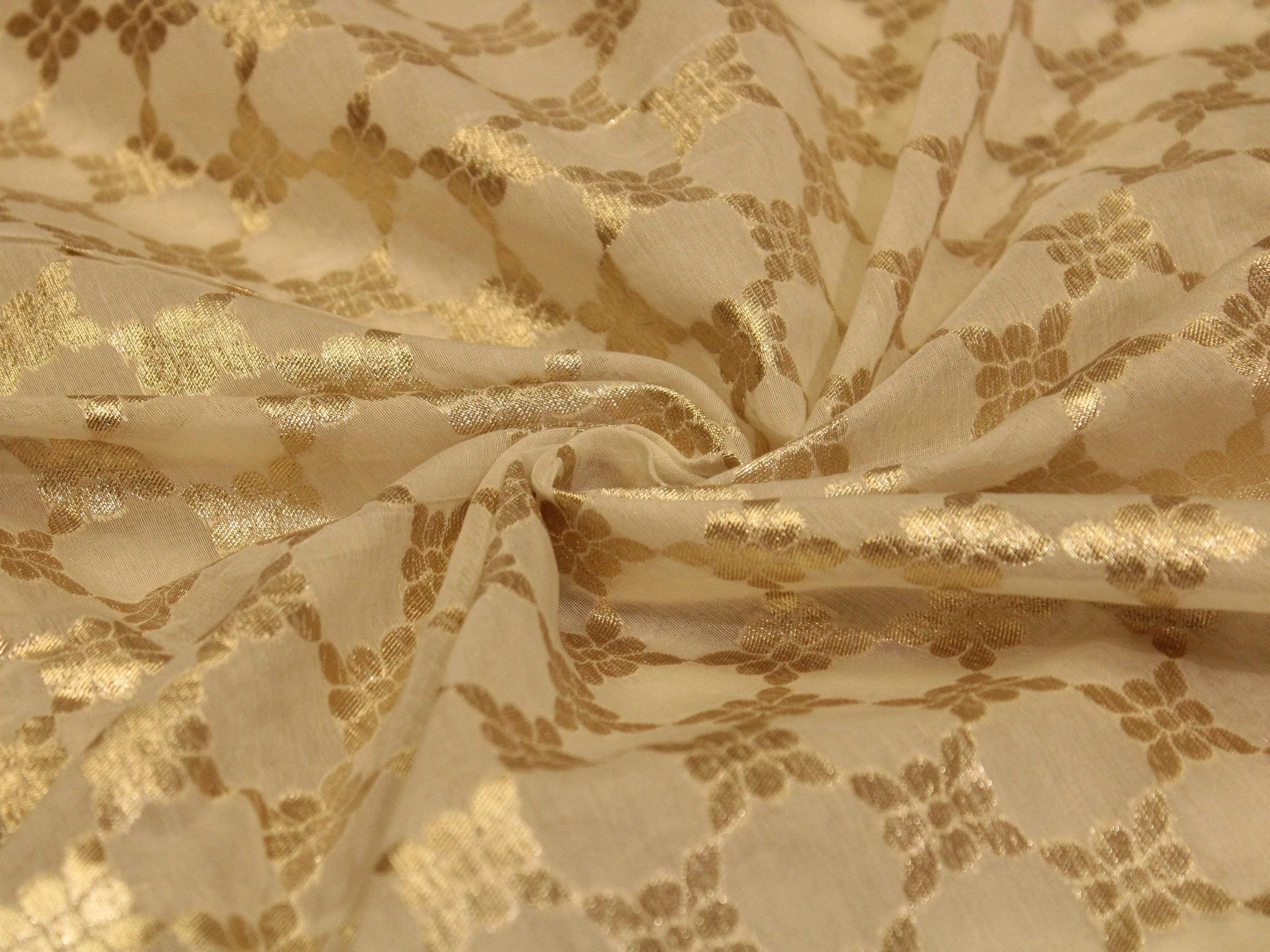 Chanderi Finish Jacquard Fabric with Golden Zari - Dyeable