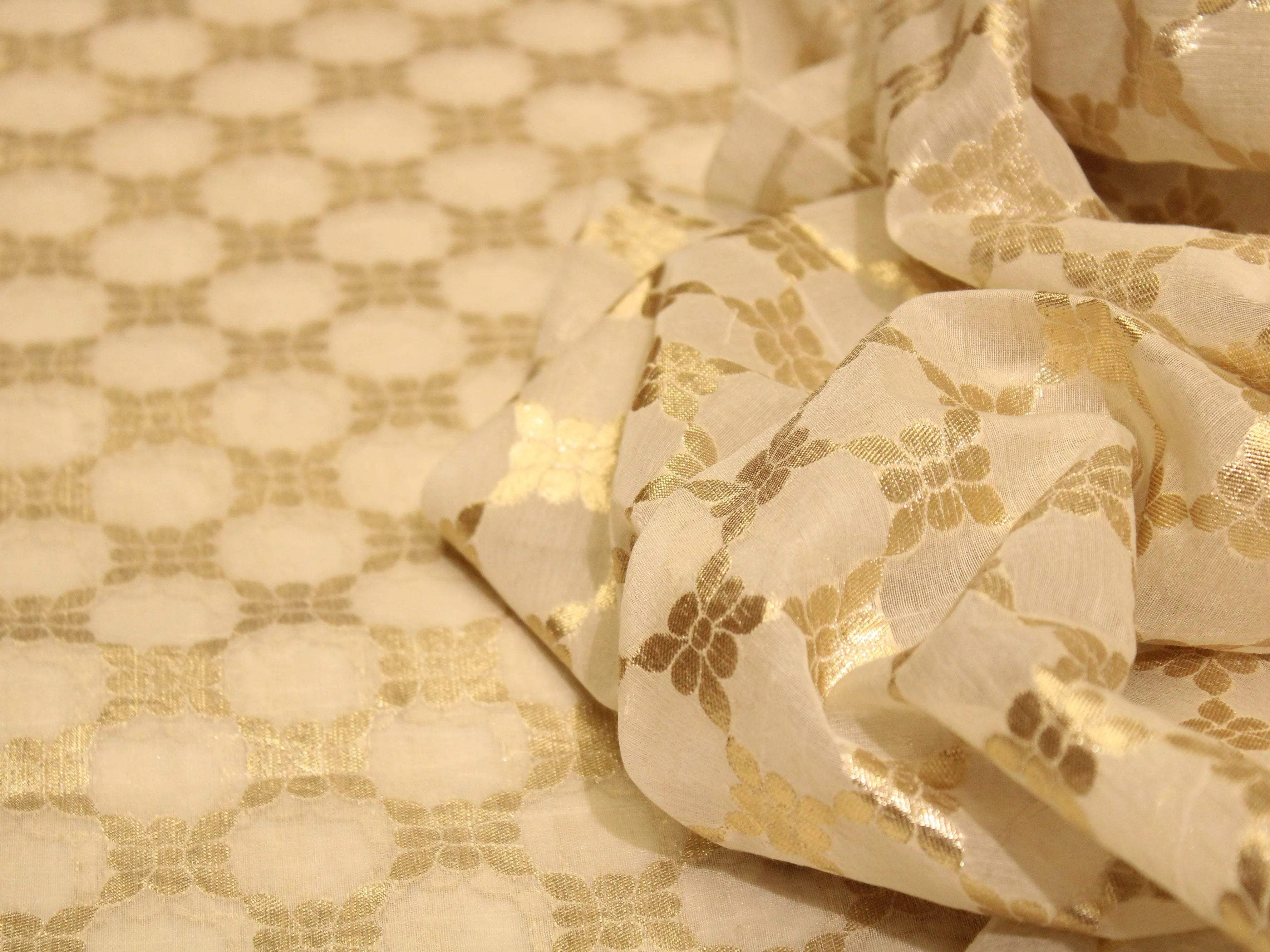 Ivory Elegance: Premium Banarasi Woven Chanderi Silk Fabric - Dyeable - M'Foks