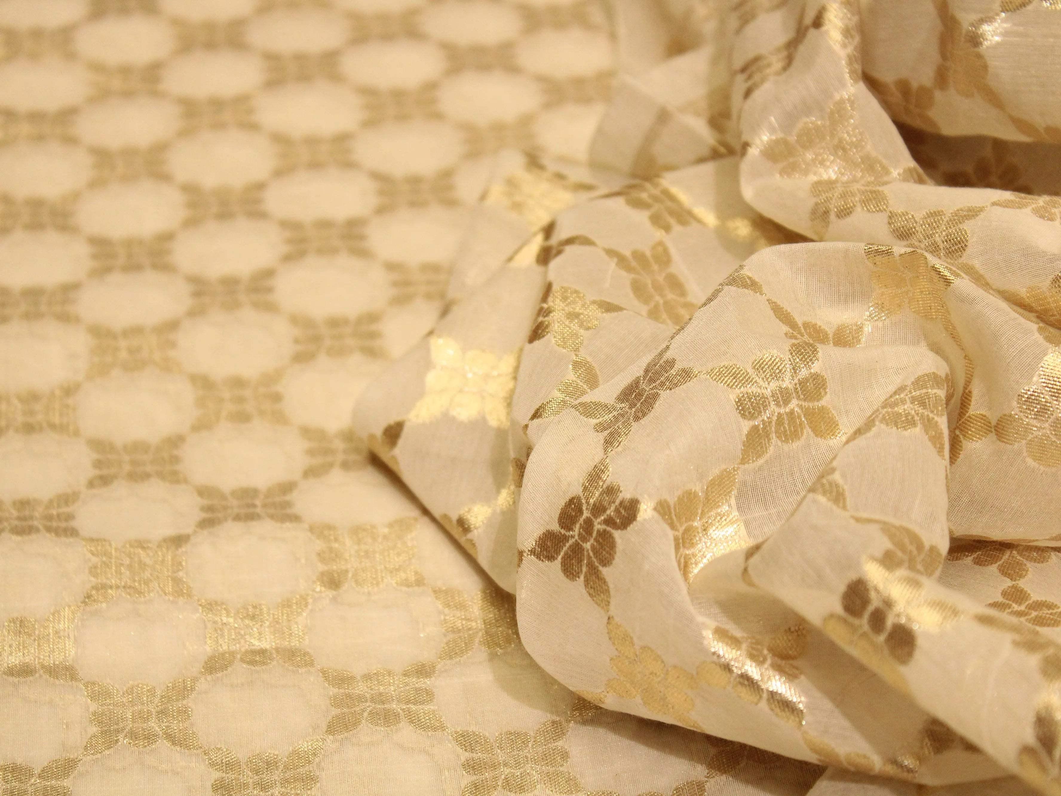 Chanderi Finish Jacquard Fabric with Golden Zari - Dyeable